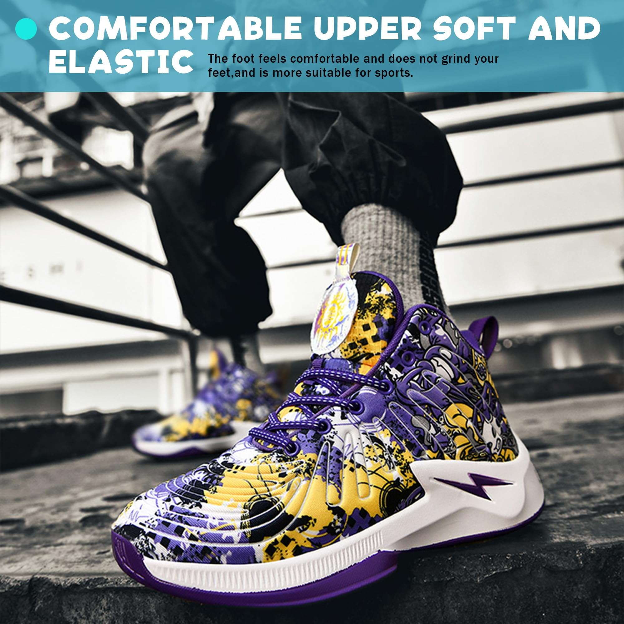 kniaiwx Men's High Top Basketball Shoes Lightweight Breathable Non Slip Gym Sneakers Suitable Training Sports Purple-1 Size 10.5 6