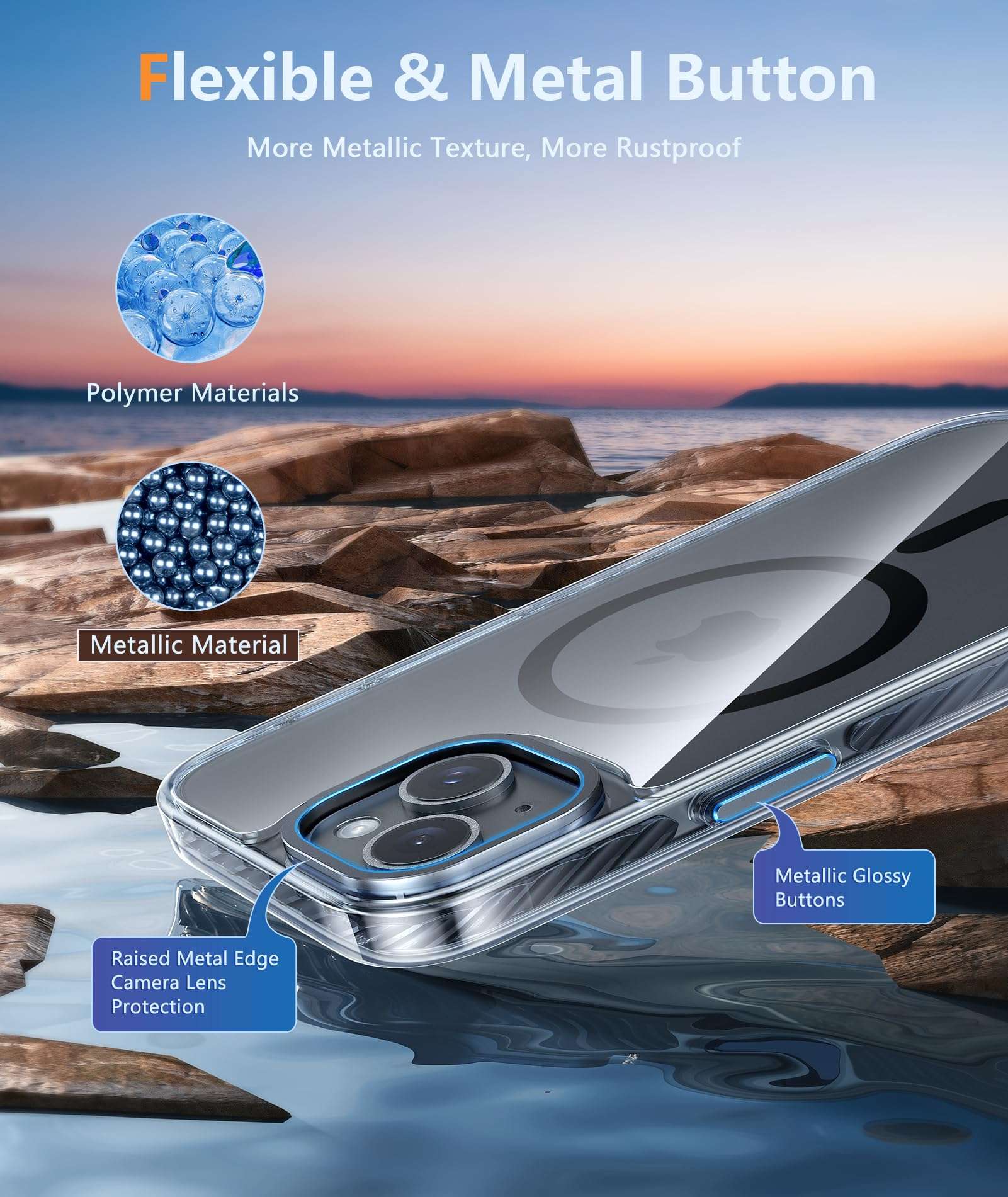 FNTCASE for iPhone 15 Plus Case: Clear Case with Magnetic Circle,Metal Button,Built-in Shockproof TPU,Military Grade Drop Protection Shell Durable Full Body Protective Cell Phone Cover - 6.7 inch 6