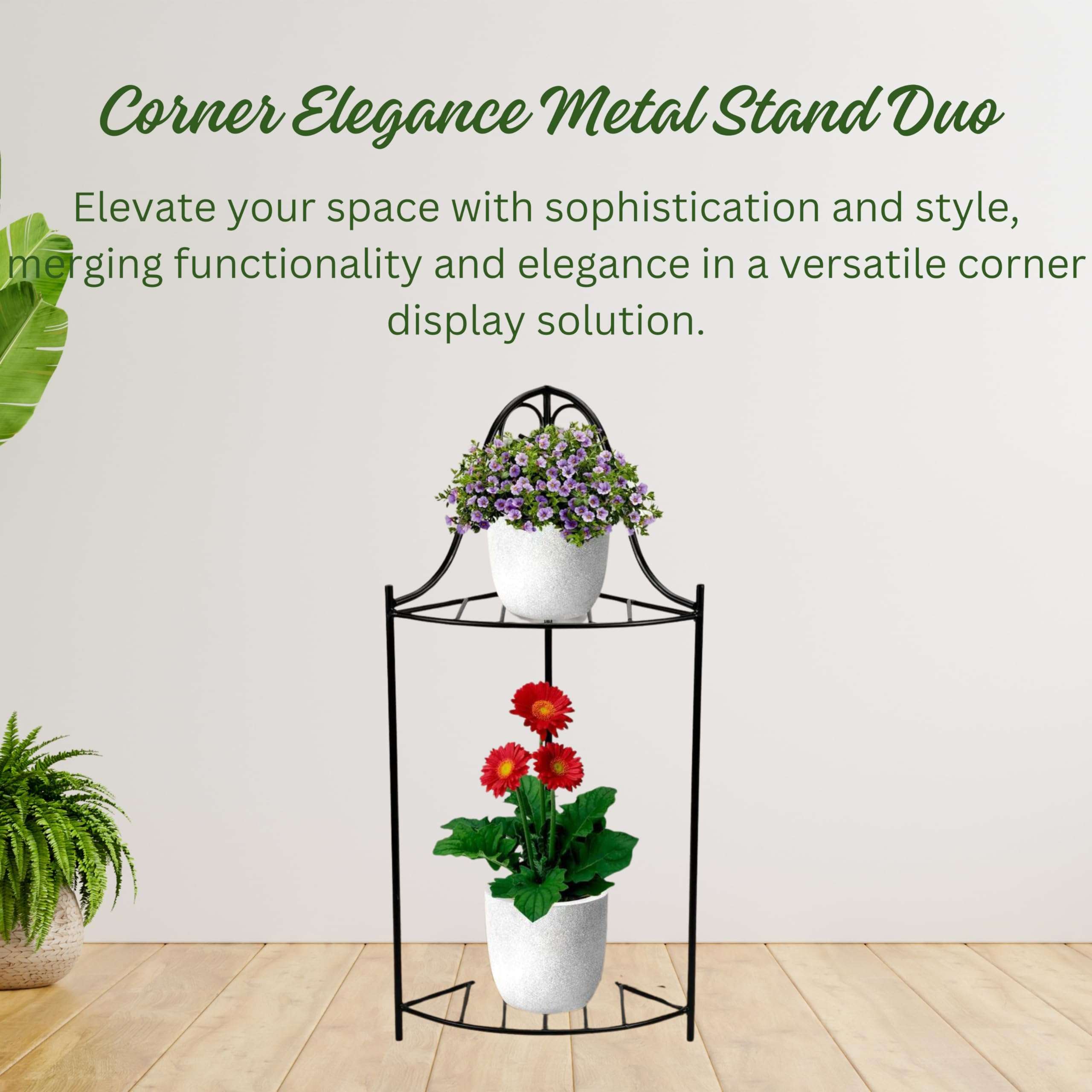 Nature at Homes - Corner Elegance Metal Stand Duo 2-Tier Versatile Home Décor Accent for Living Rooms, Bedrooms, Balconies, and Home Décor 3