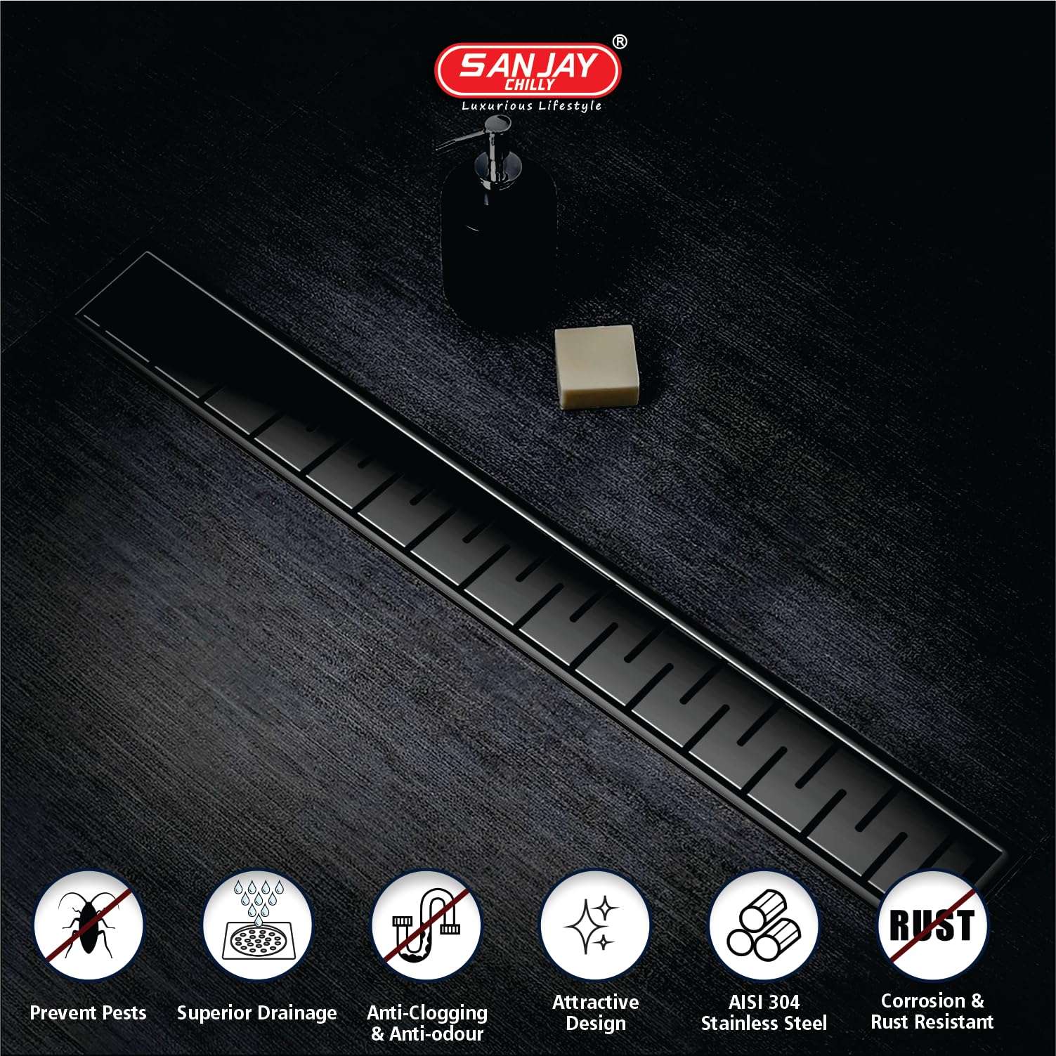 SANJAY CHILLY Brick Shower Channel Drainer Colour Collection SS Floor Drain Channel 304 Grade Cockroach Trap with Collar Luxurious Bathroom GRATINGS (Side Hole - Ultra Black - 36x4 INCH) 6