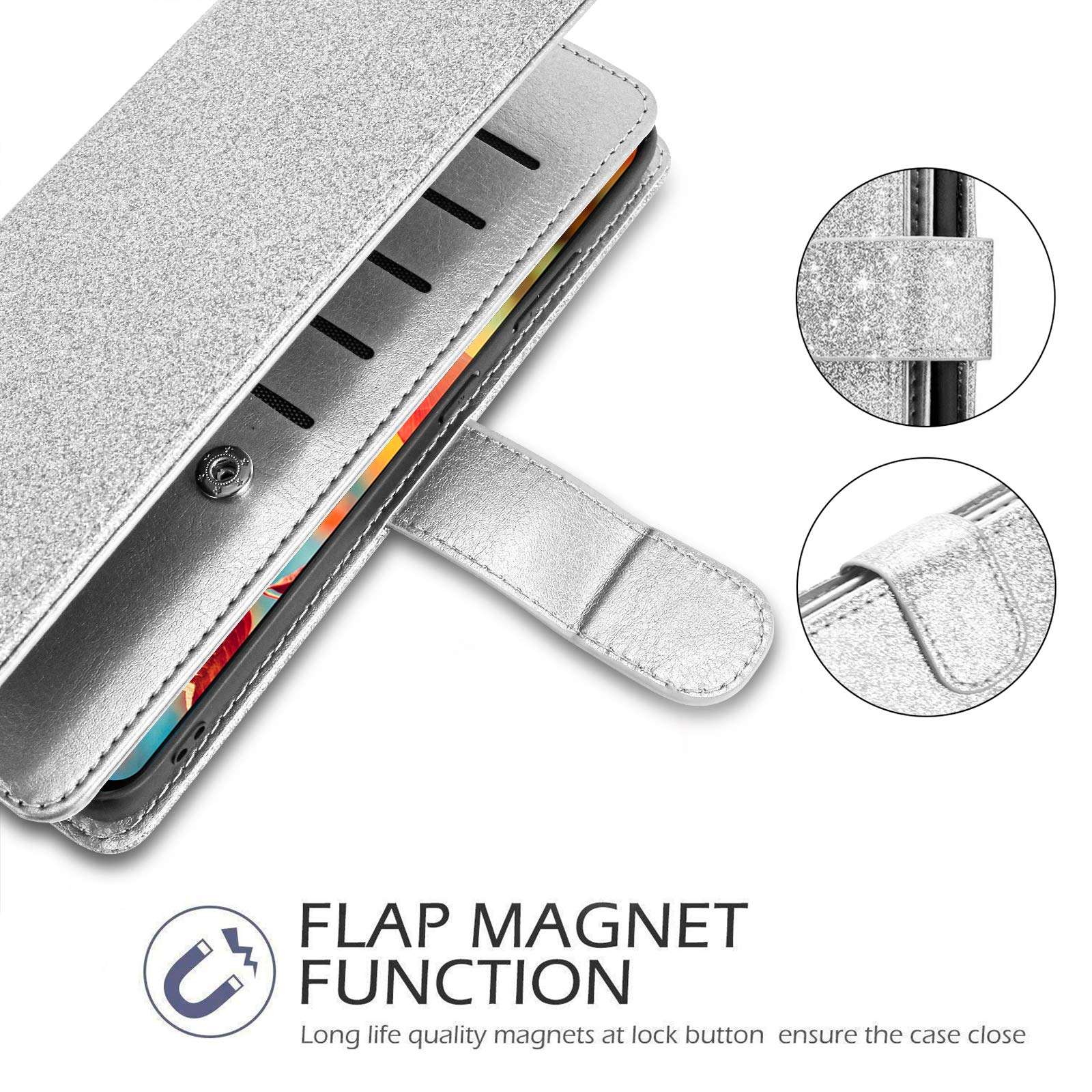 Newseego for Samsung Galaxy S21 Ultra Wallet Case (6.8 Inch),Glitter PU Leather Magnetic Closure Multi-Credit Card Slot Cash Holder Detachable 2 in 1 Wallet Cover with Wrist Strap-Silver 4