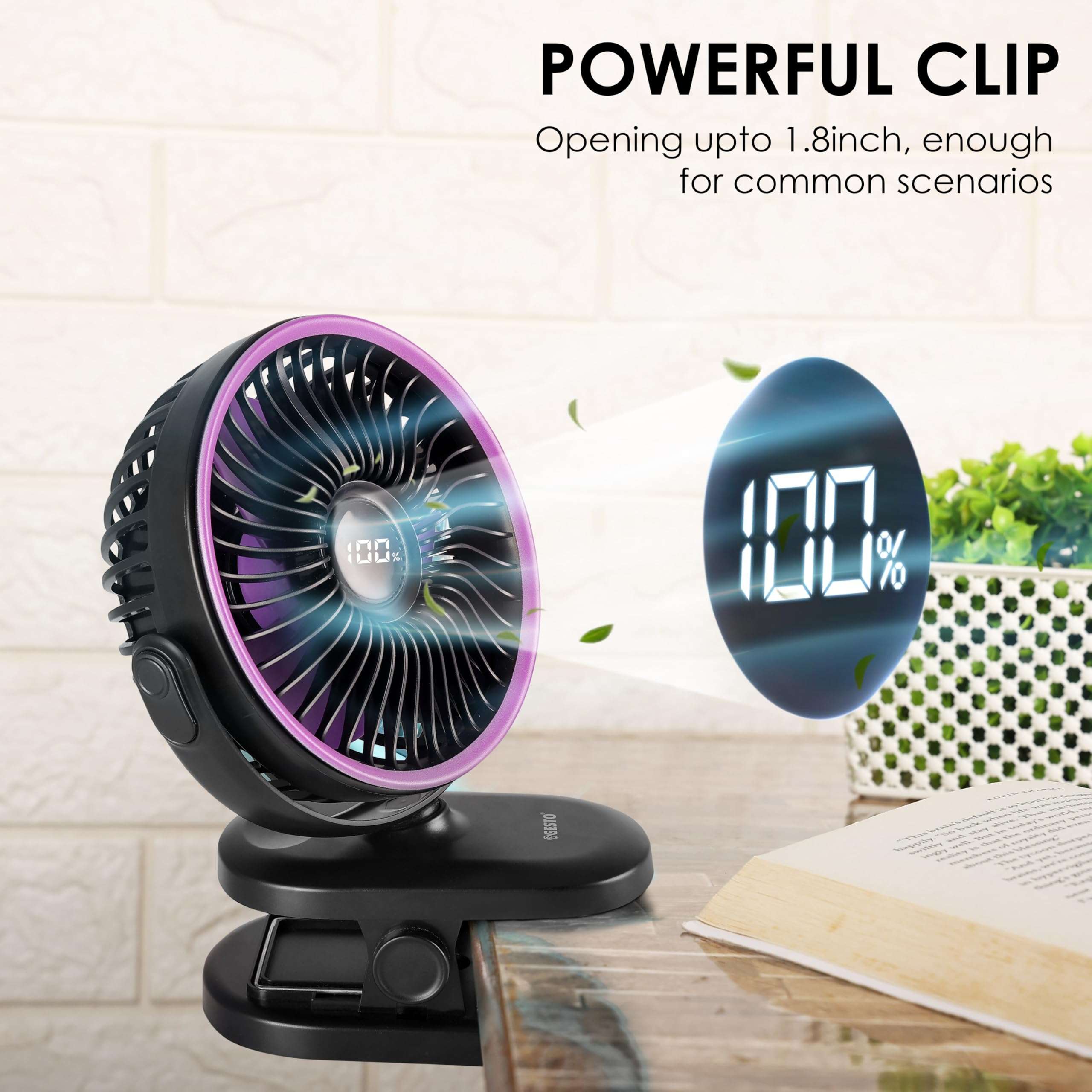 Gesto High Speed Rechargeable Clip-On Table Fan with Digital Display – 360° Moving USB Charging Fan for Home,Kitchen,Baby Stroller | 2000mAh Battery,5 Speed Modes,Portable Battery Operated Fan -Black 3