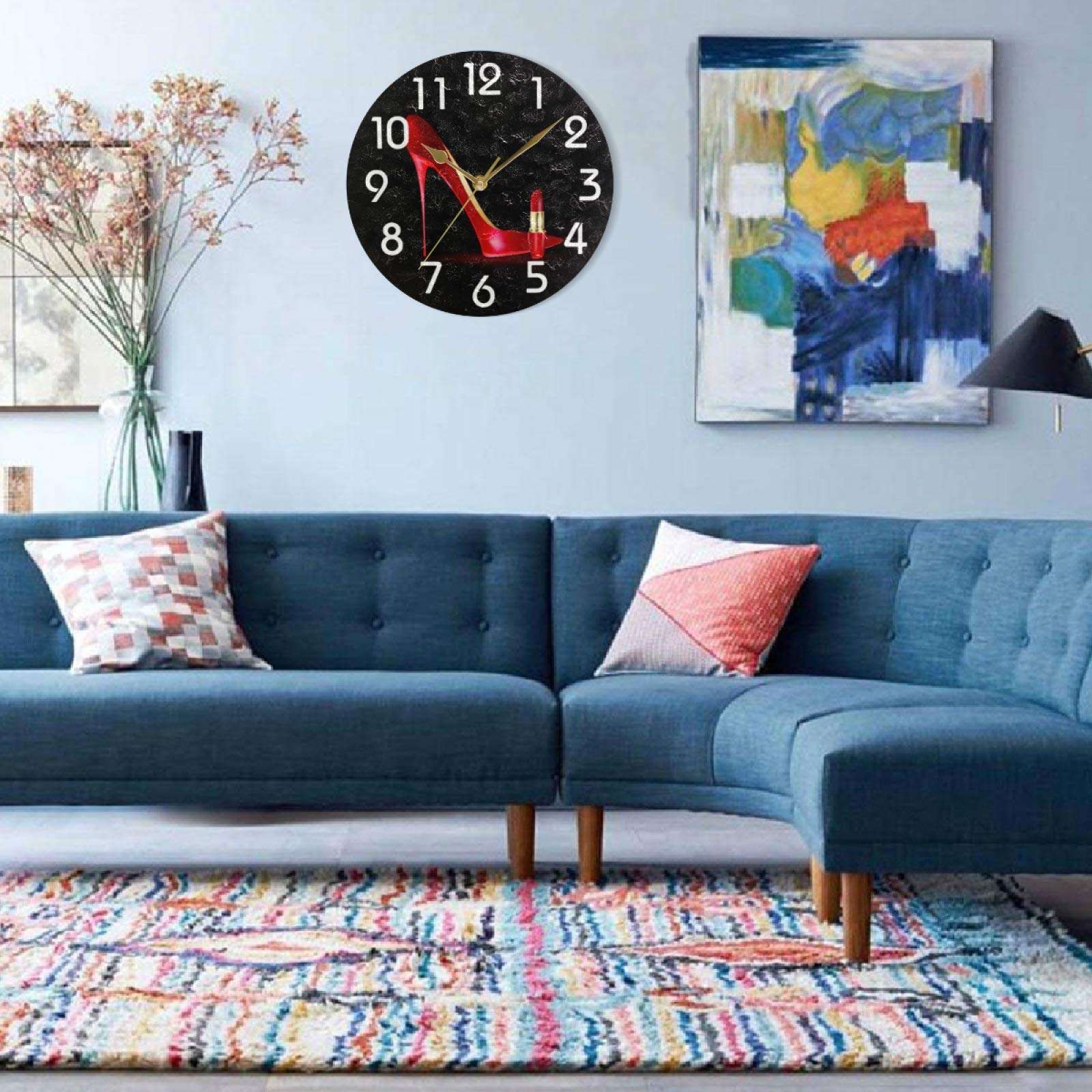 Naanle Trendy Red Shoe Llipstick Lady Black Round Wall Clock, 9.5 Inch Battery Operated Quartz Analog Quiet Desk Clock for Home,Kitchen,Office,School 3