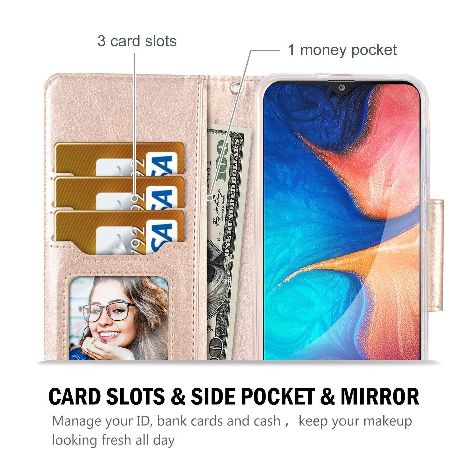 ProCase Galaxy A20 / Galaxy A30 Wallet Case for Women Girls, Flip Folio Kickstand Cover with Card Holders Mirror Wristlet for Galaxy A20 / Galaxy A30 6.4 Inch 2019 Release -Pink 2