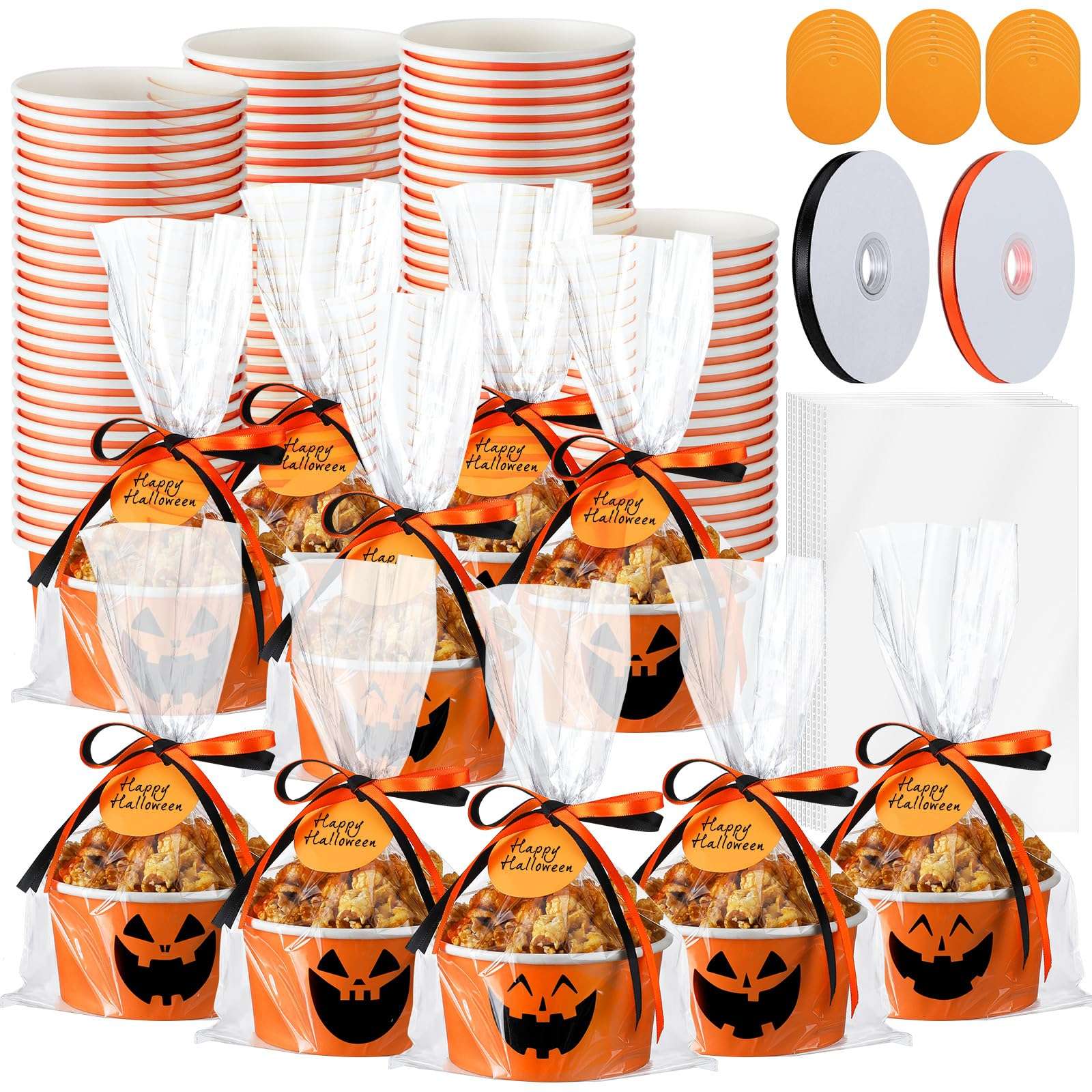 Dandat 150 Set Halloween Treat Snack Bowls 15 Oz Jack O Lantern Halloween Disposable Paper Bowls Pumpkin Snack Cups Ice Cream Cups Orange Black Pumpkin Face Bowl for Treat Cupcake Party Favor Supplies 1