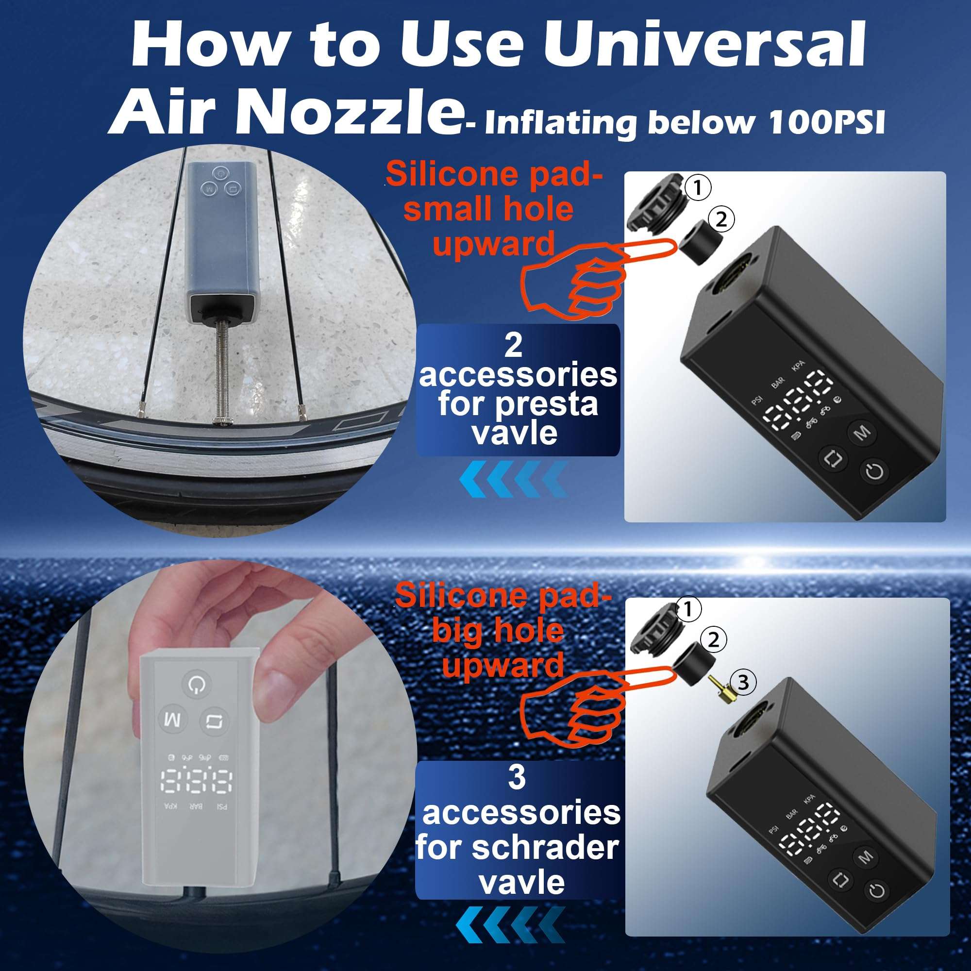 Bike Pump with Gauge, 120 PSI Bicycle Pump, Mini Bike Tire Pump & Bike Air Pump Portable, Electric Bike Pump with Presta and Schrader Valve for City Bike, Road Bike, Ebike, Mountain Bike & Motorcycle 6