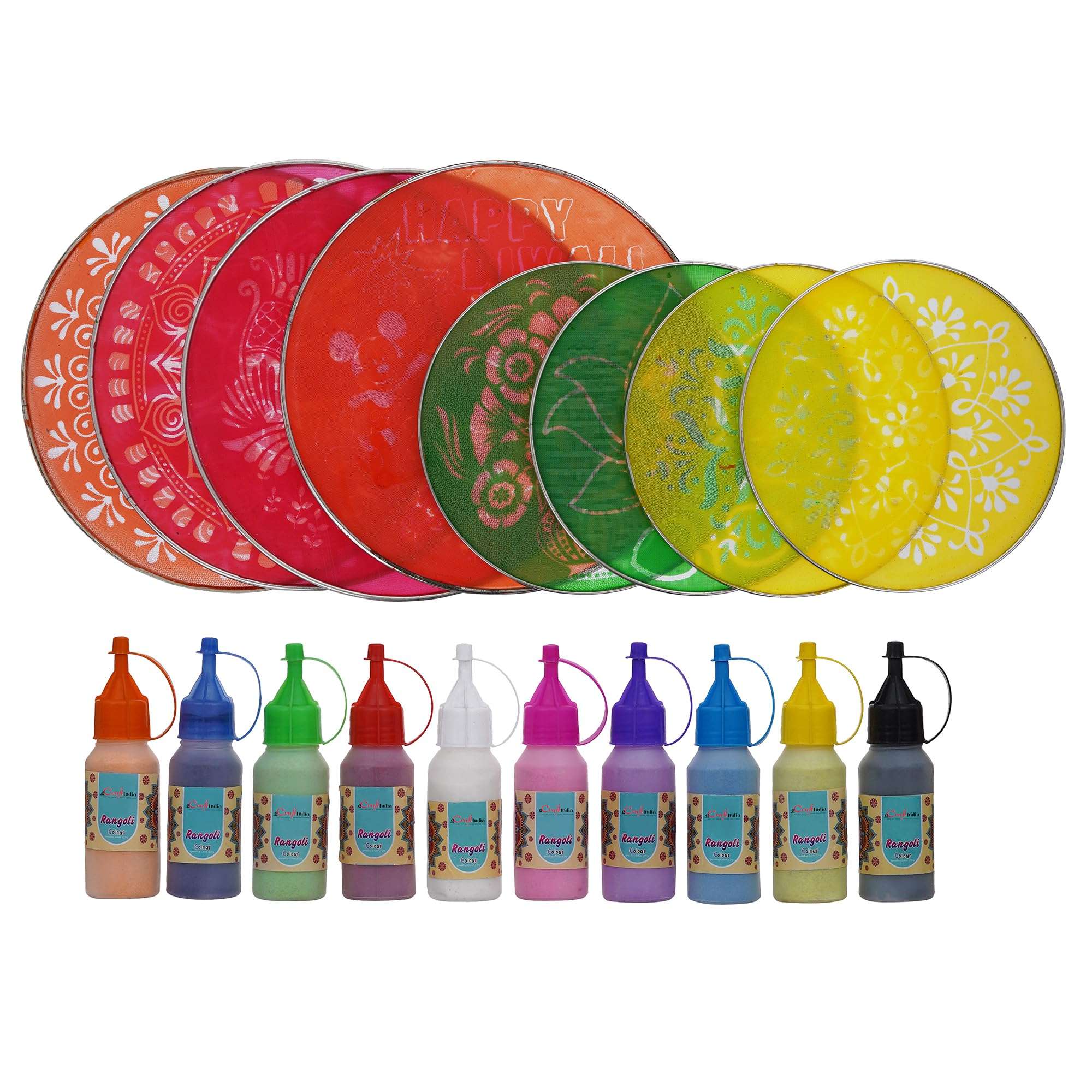 eCraftIndia Set of 8 Designer Diwali Rangoli Stencils Set- Stencils For Rangoli Design-4 Big Size 4 Small Size Stencils|10 Rangoli Colours Bottles-Rangoli Bottles Diwali Decoration Item for Home Decor 5