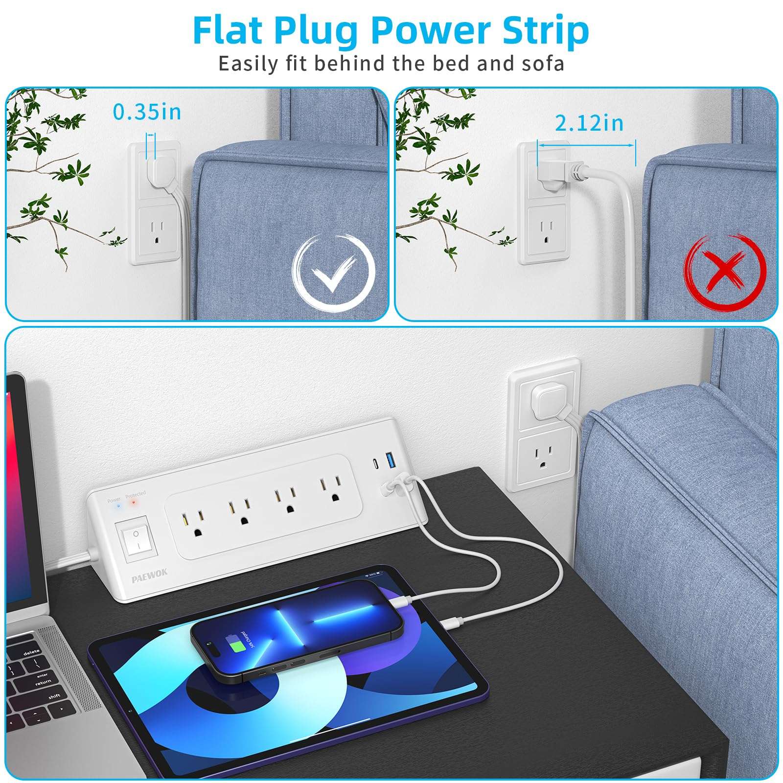 Electrical Outlet Extender with USB C, Flat Wall Plug Extension Cord with 4 Sockets, Surge Protector Power Strip 15 Amps/1200 Joules, 6.5 Ft Multi-Plug Extension Cable for Home Office Dorm, White 5