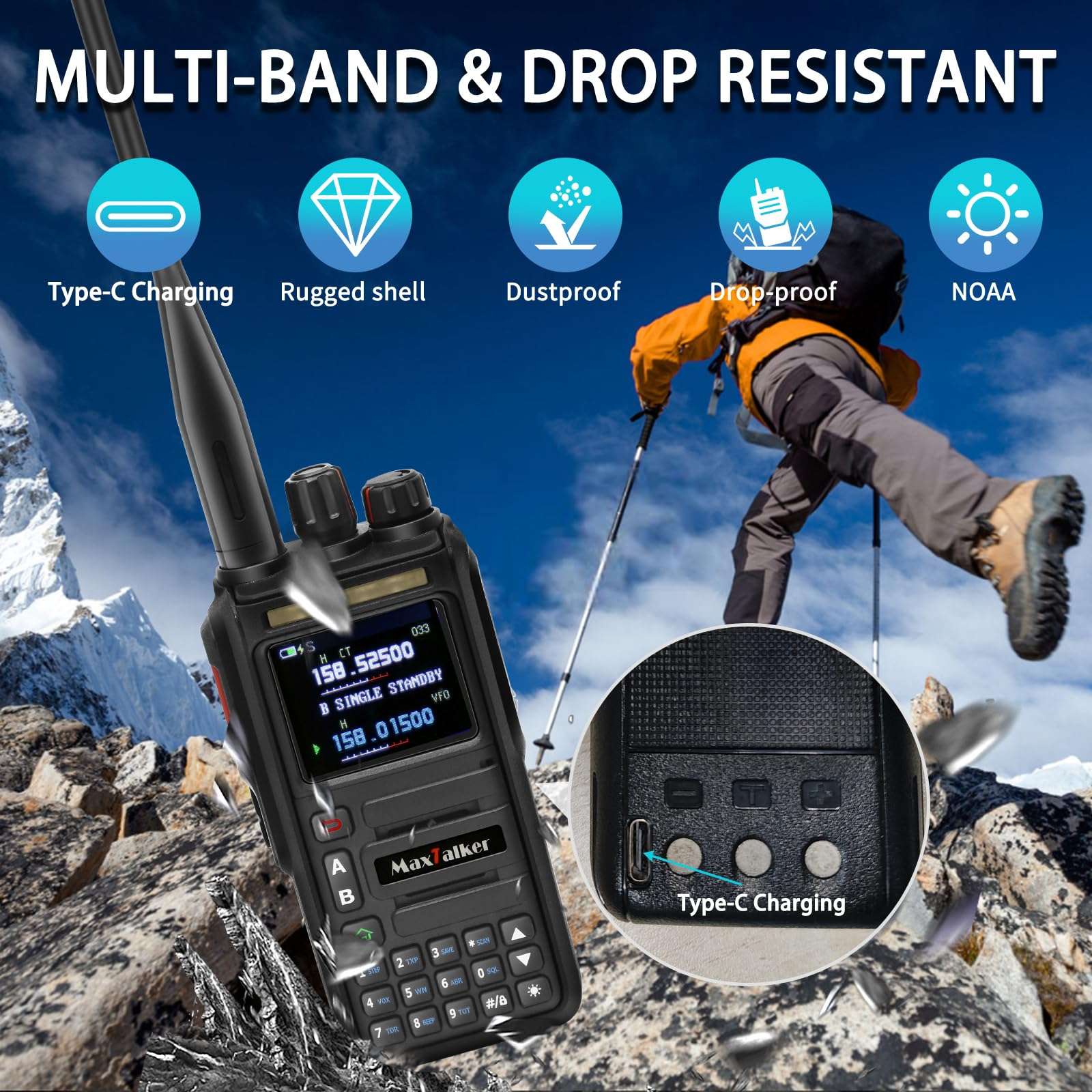 GMRS Ham Radios Long Range: MaxTalker TK-W60 Rechargeable 2 Way Radio Long Range Waterproof Ham Radio Handheld, AM/FM/NOAA/UHF/VHF Radio, Walkie Talkies for Adults 2 Pack 5