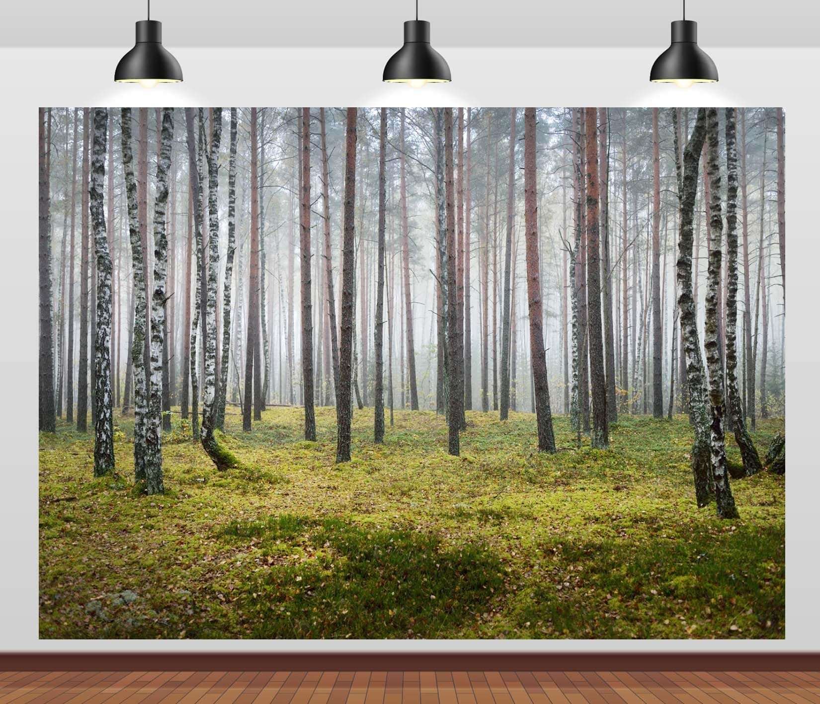 CORFOTO Foggy Forest White Birch Trees Backdrop Fabric 17x10ft Dark Spooky Grass Autumn Nature Scene Background for Fall Scenery Birthday Party Decorations Halloween Themed Photoshoot Props 3