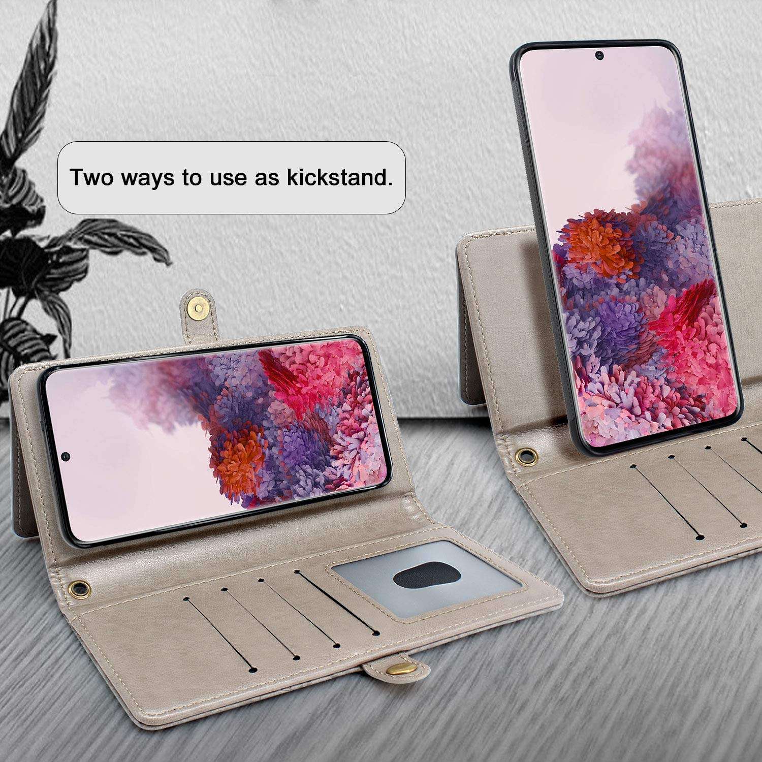 Harryshell Detachable Magnetic 12 Card Slots Wallet Case Shockproof PU Leather Flip Protective Cover Wrist Strap for Samsung Galaxy S20 6.2 inch (Flower Grey) 5