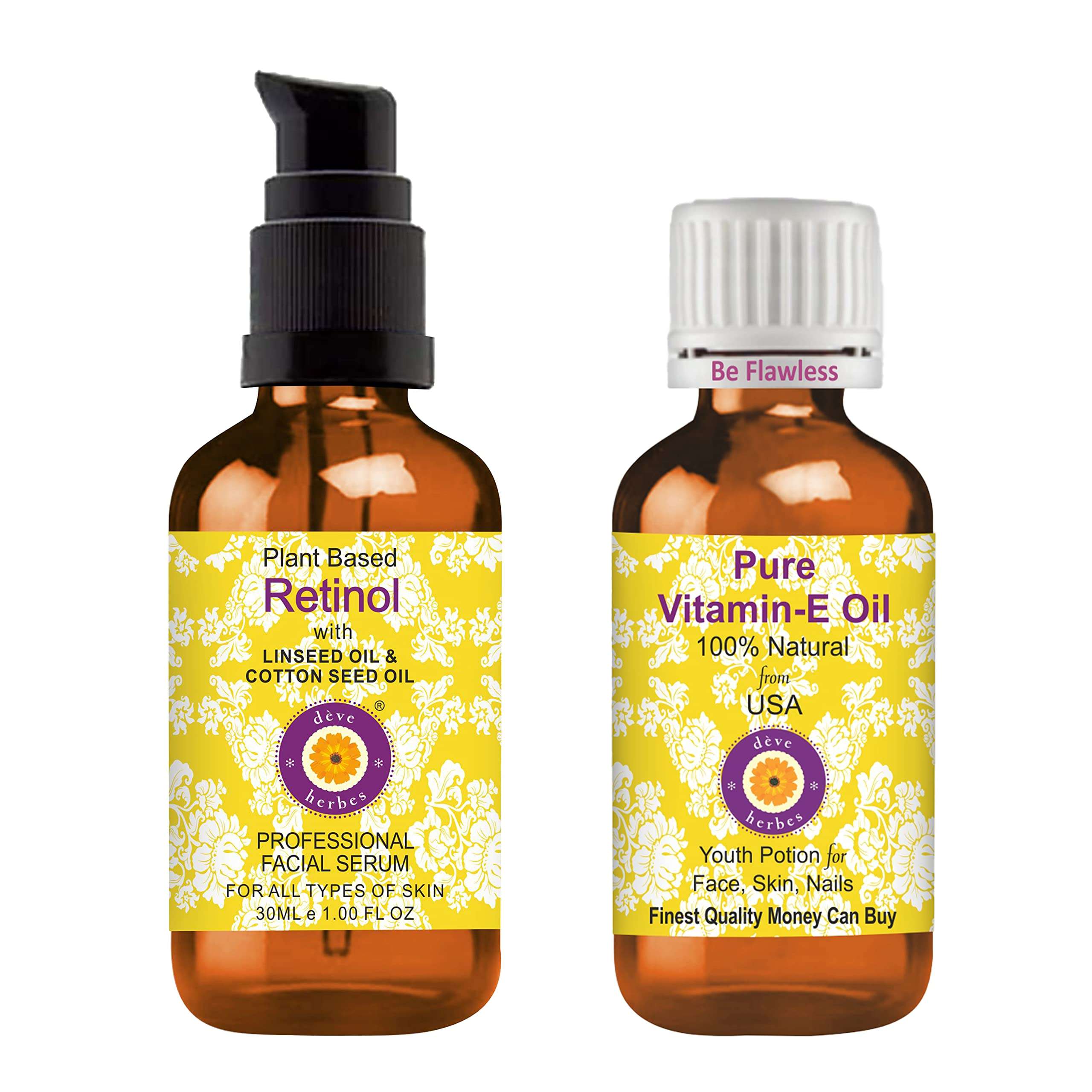 Deve Herbes Plant Based Retinol Face Serum with Bakuchi Oil, Linseed, Cotton Seed Oil & Liquorice Root Extract for Personal Care 30ml (1 oz) + Pure Vitamin E Oil 30ml (1 oz) 1