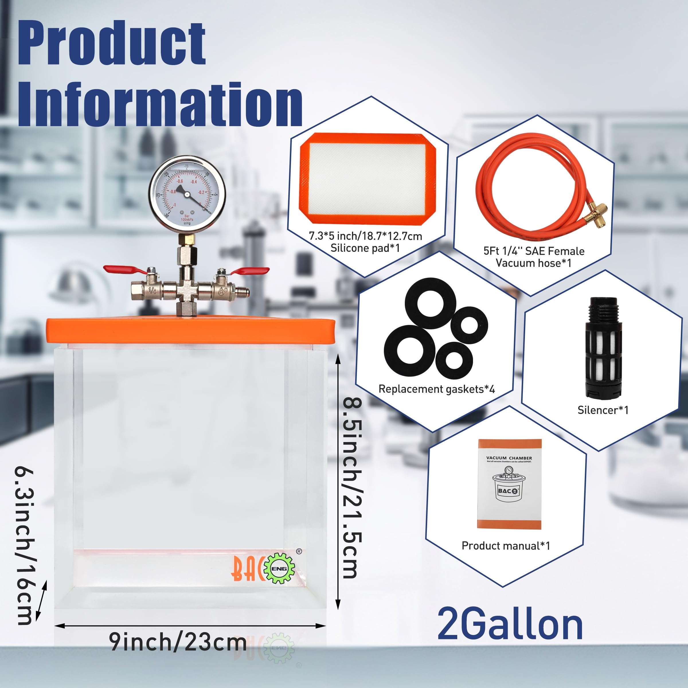BACOENG 2Gal Acrylic Vacuum Chamber & 1.5Gal Glass Lid Vacuum Chmaber with Pump 6