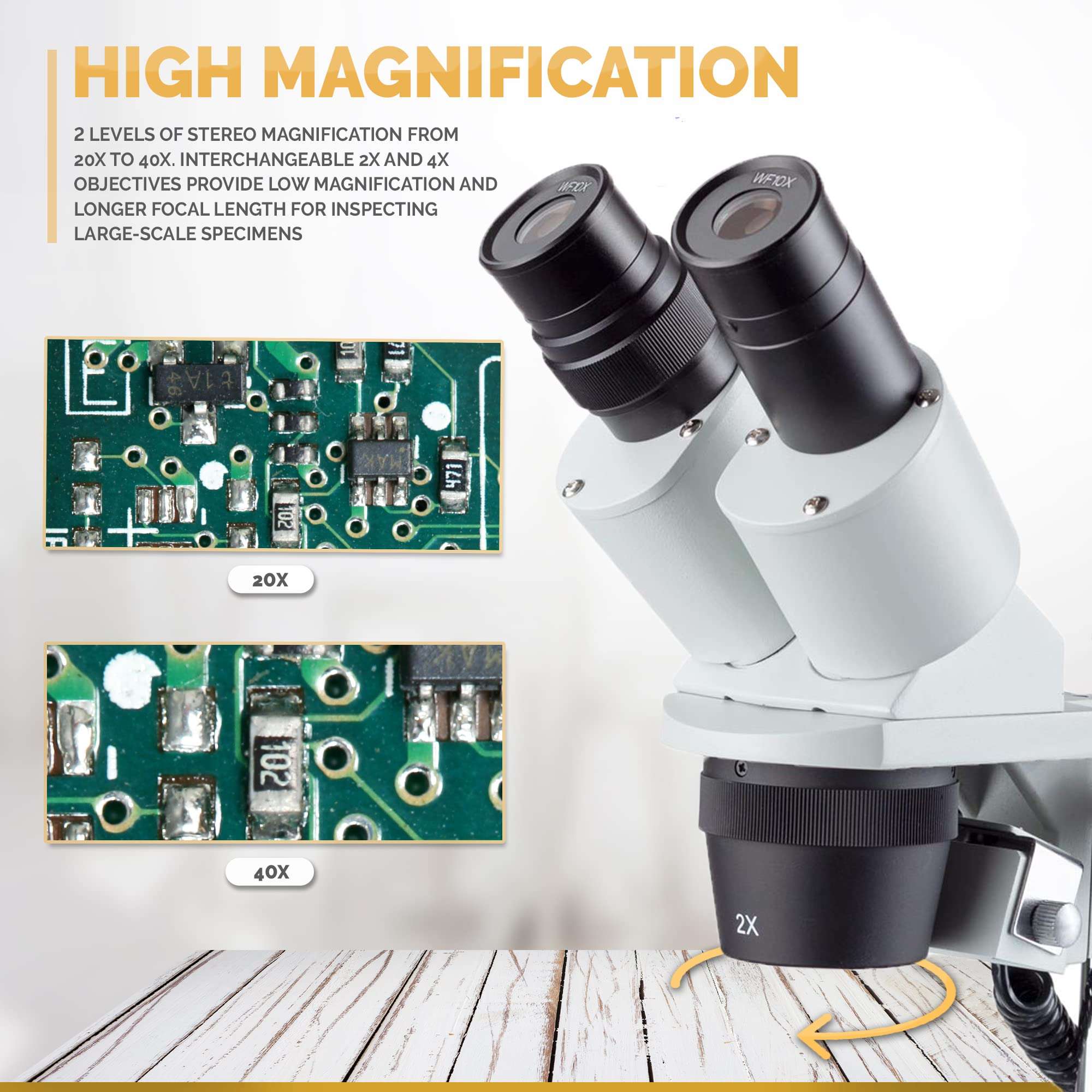 AmScope SE306R-P-LED Forward-Mounted Binocular Stereo Microscope, WF10x Eyepieces, 20X and 40X Magnification, 2X and 4X Objectives, Upper and Lower LED Lighting, Reversible Black/White Stage Plate, Pillar Stand, 120V or Battery-Powered 3