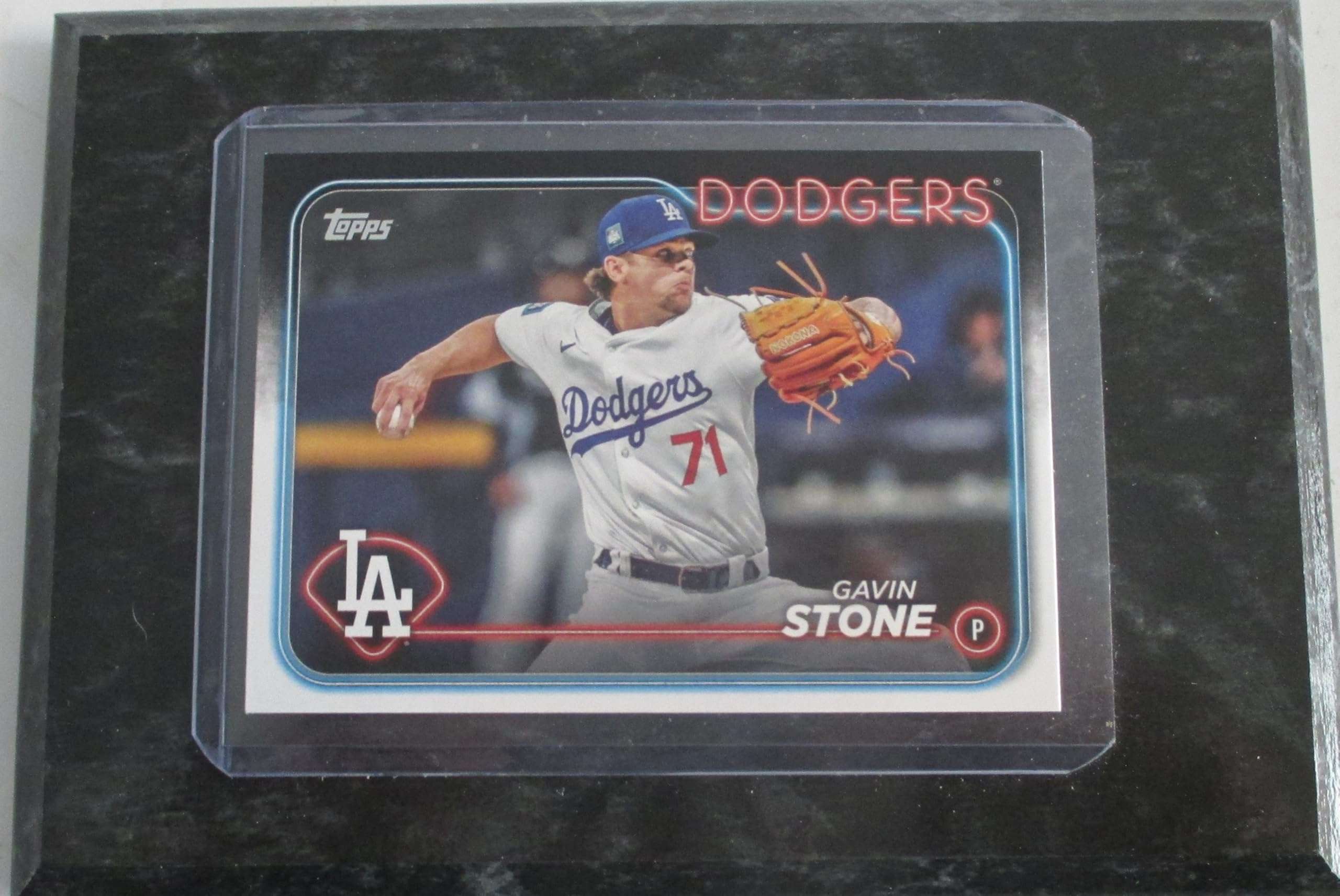 GAVIN STONE LOS ANGELES 2024 BASEBALL UPDATE SERIES COLLECTIBLE PLAYER CARD MOUNTED ON A 4" X 6" BLACK MARBLE PLAQUE