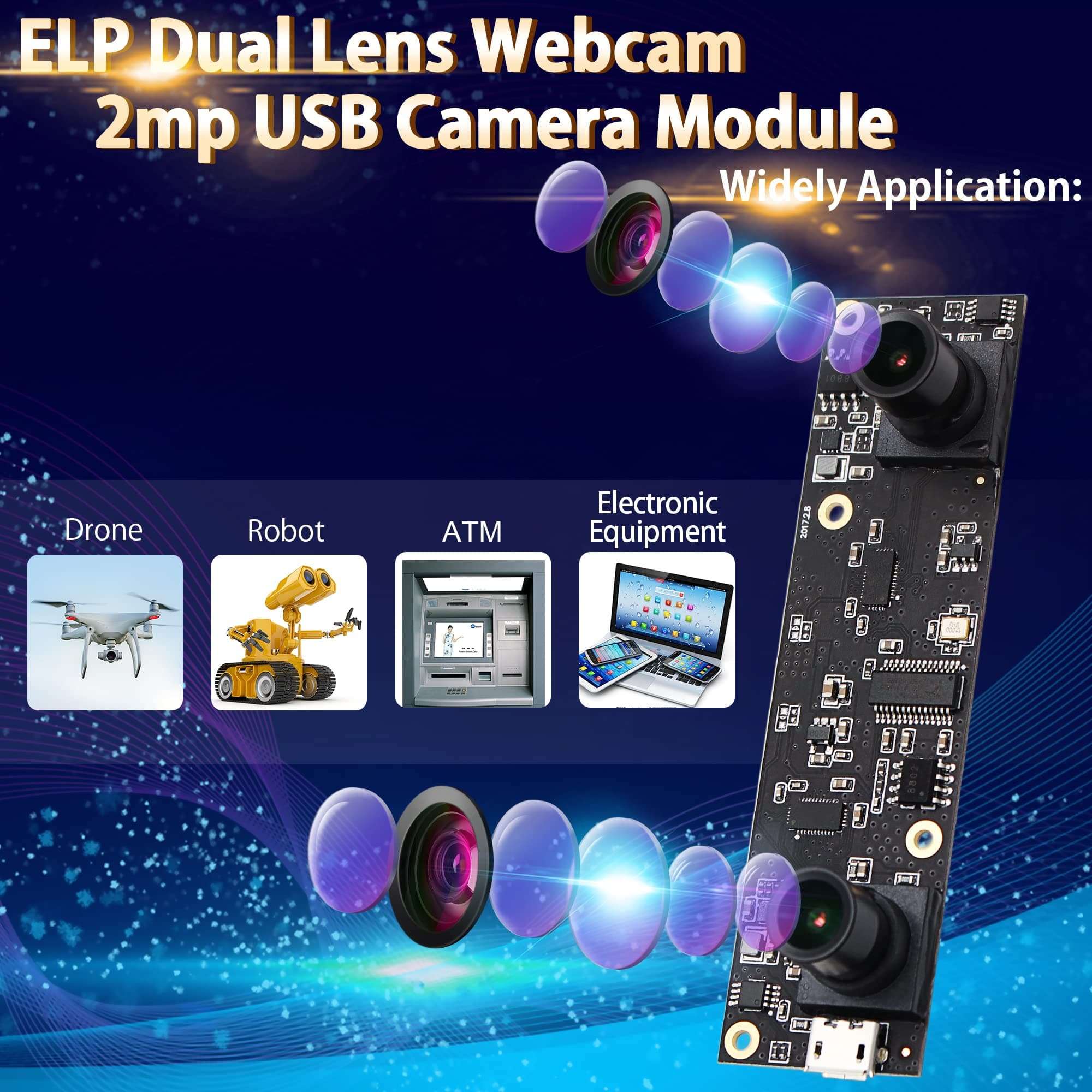 ELP 1080P Dual Lens USB Camera Module 3D Stereo PC Camera for Computer Mini UVC USB2.0 Webcam Board M9 90Degree Lightburn Camera AR0330 Binocular Camera Video Industrial USB Surveillance Camera 2