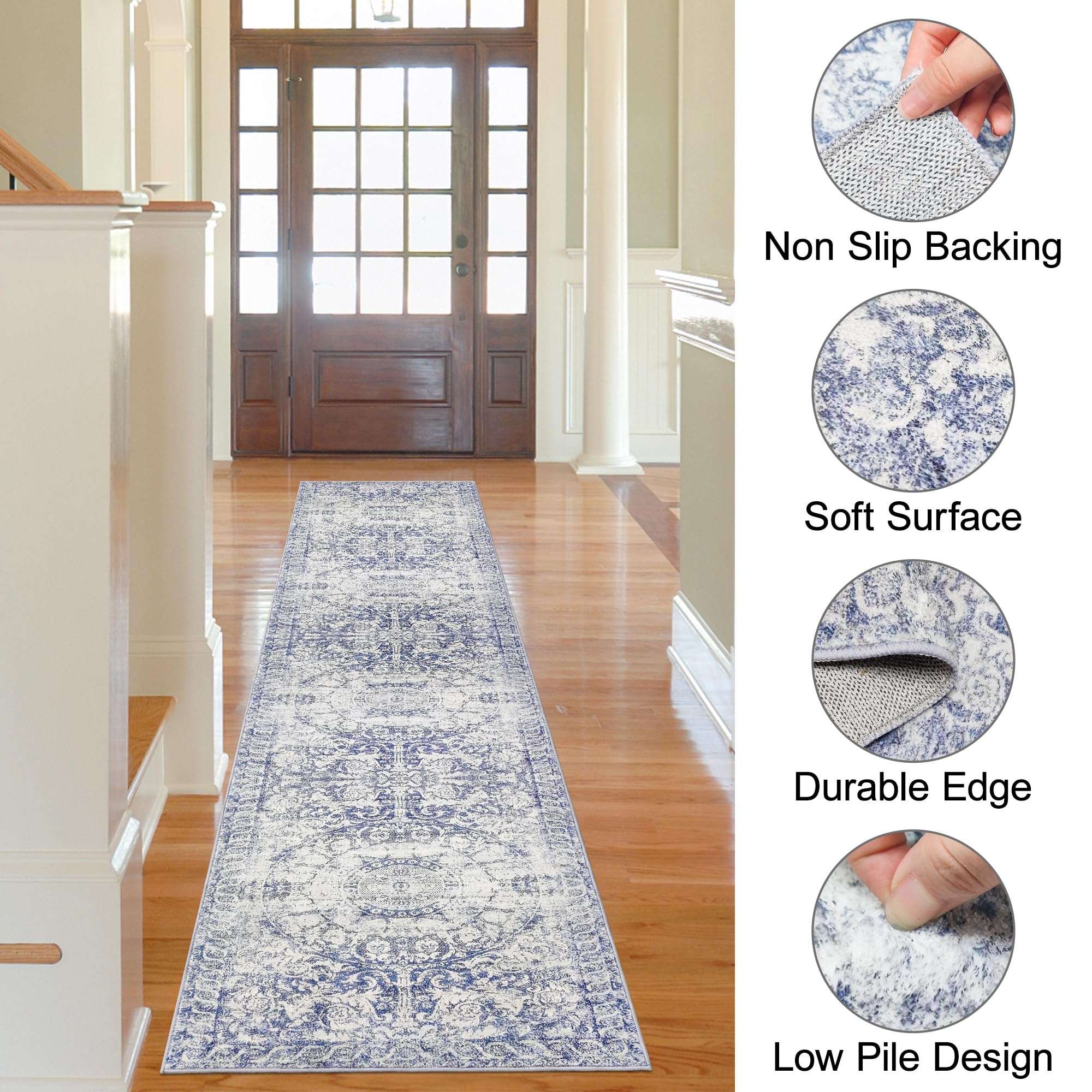 RUGxDJ Vintage Distressed Washable Runner Rug 2x8 Long Hallway Runner Kitchen Rug Carpet Runners for Hallway 8ft, Non Slip Runner Rug for Bedroom Bedside Hall Entryway Laundry Living Room 2