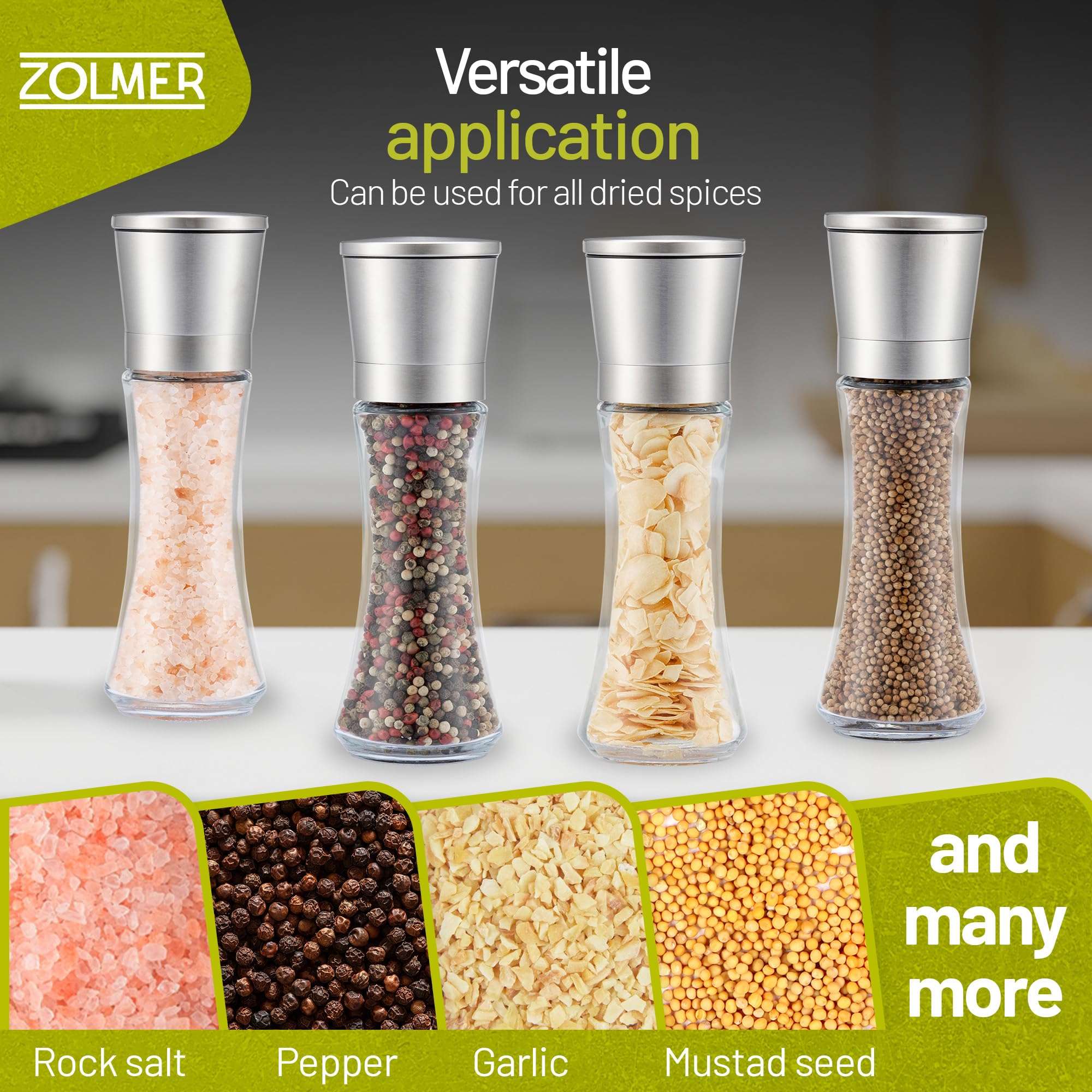ZOLMER® Spice mill set of 2 with adjustable ceramic grinder - Noble salt mill & pepper mill made of stainless steel - Also as a chili mill [without spice content] 5