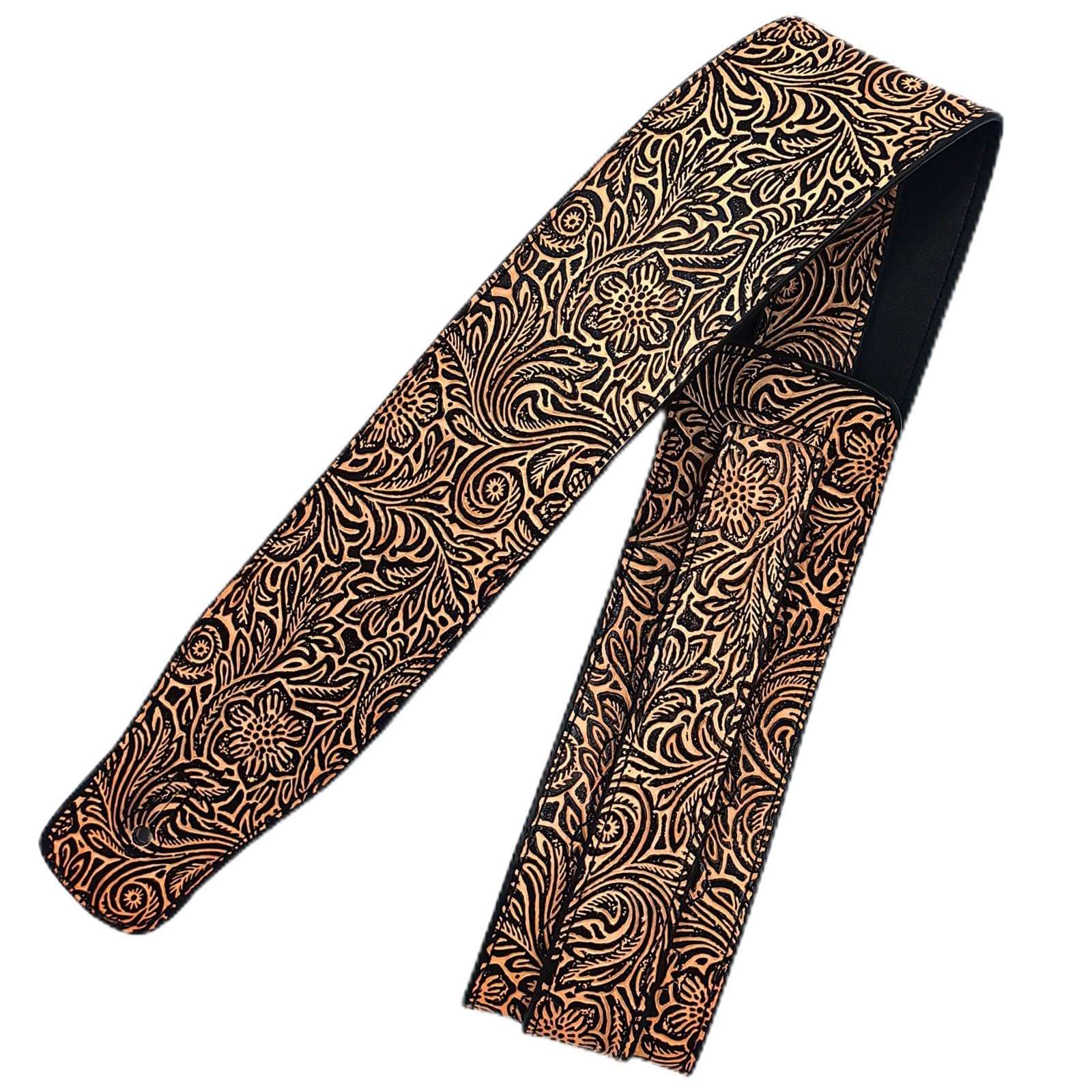 Musiin Premium Guitar Strap Classic Style Pattern Guitar Strap Set for Bass, Electric & Acoustic Guitar (Gold Leather)