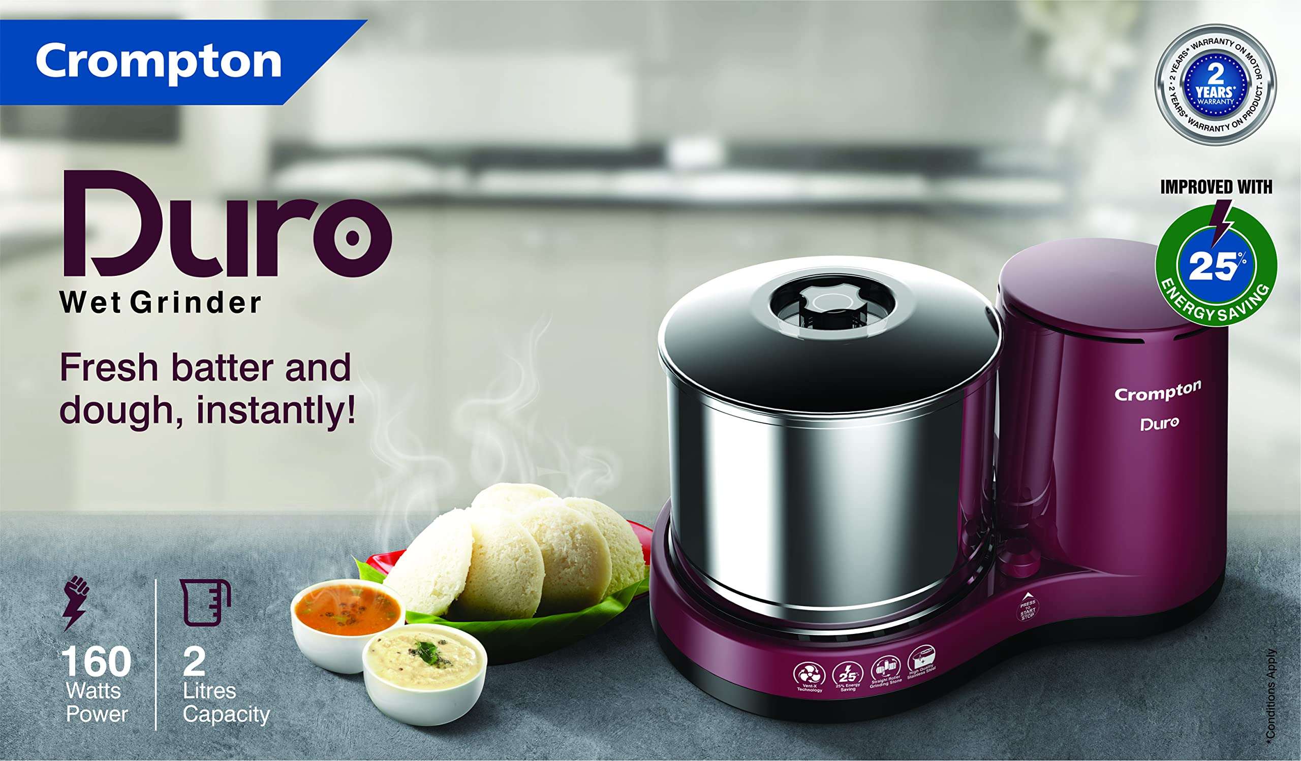 Crompton Duro 2-L Wet Grinder with Motor Vent-X Technology 1 Jar with Coconut Scrapper and Atta Kneader Accessories (Cherry Brown) 4