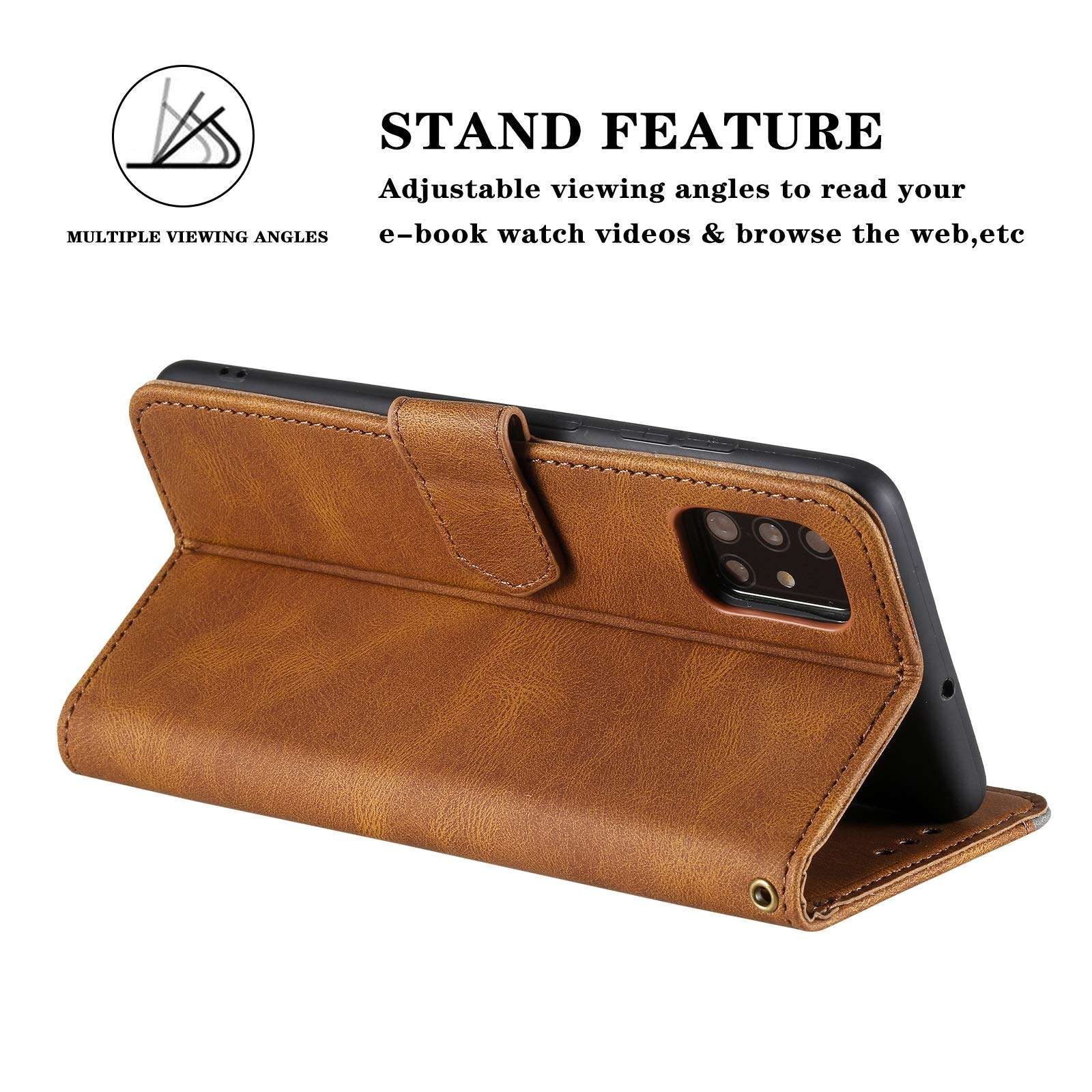 EYZUTAK Splicing PU Leather Case for Samsung Galaxy A51, Retro Vintage Durable Full Protection Premium Flip Folio Wallet Cover with Magnetic Closure Kickstand Card Slots - Brown 4