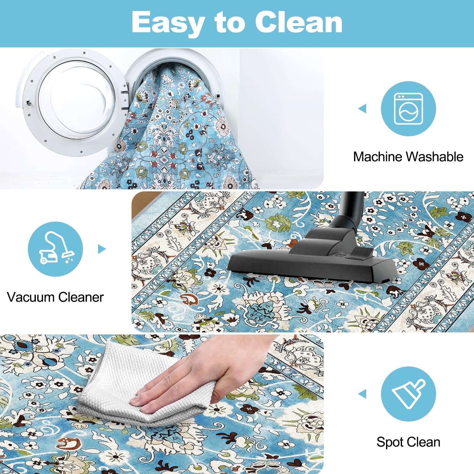 LOKHOM Washable Area Rug, 3x5 Non-Slip Kitchen Area Mat Vintage Living Room Rug with Rubber Backing, Boho Floral Faux Wool Farmhouse Bedroom Area Carpet for Bedroom Bathroom Kitchen Laundry(Teal) 6