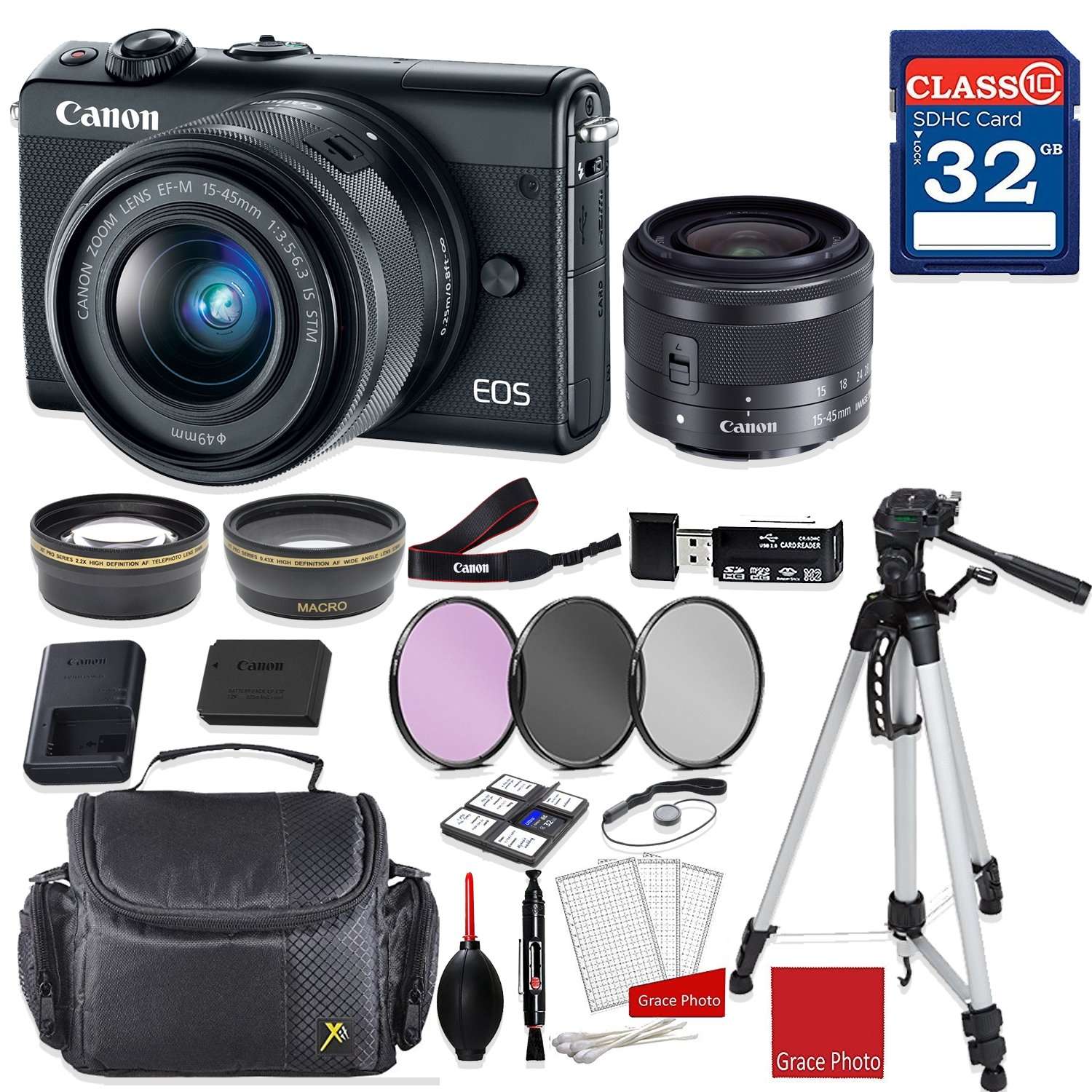 Canon EOS M100 Mirrorless Digital Camera (Black) with Canon EF-M 15-45mm f/3.5-6.3 is STM Lens (Graphite) + Professional Accessory Bundle 1