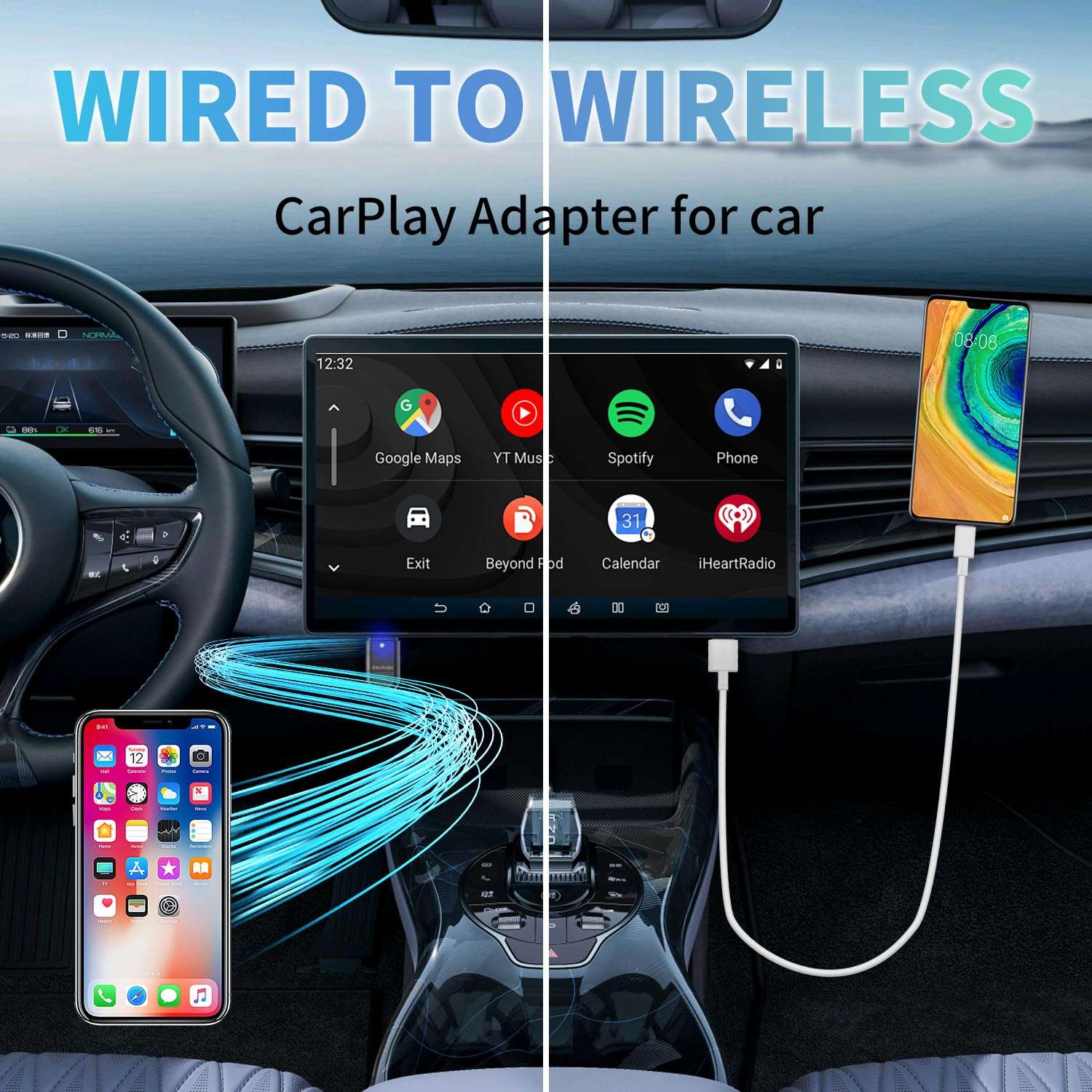 Upgrade-Wireless-Bluetooth-Adapter 2 in 1 for-Apple CarPlay & Android Auto, Plug and Play Low Latency Mini-Convert Wired to Wireless Dongle for Cars with USB Type-A or Type-C Interfaces (Solid Black) 5