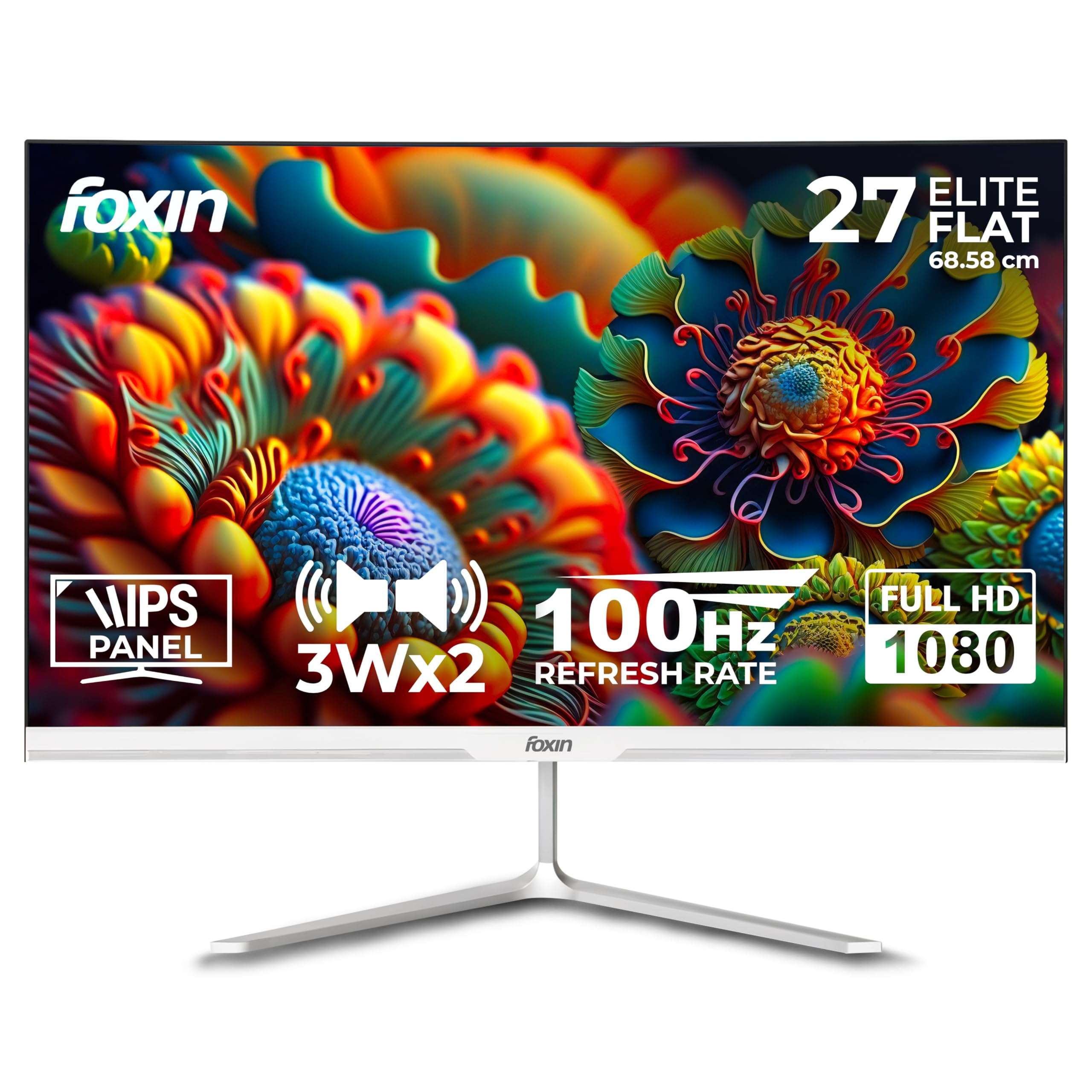 Foxin Elite 27 Inch FHD Flat LED Monitor, IPS Panel, 100Hz, 1ms, HDMI & VGA, sRGB, Anti-Glare, Flicker-Free, Frameless, Slim, Wall Mountable | White 1