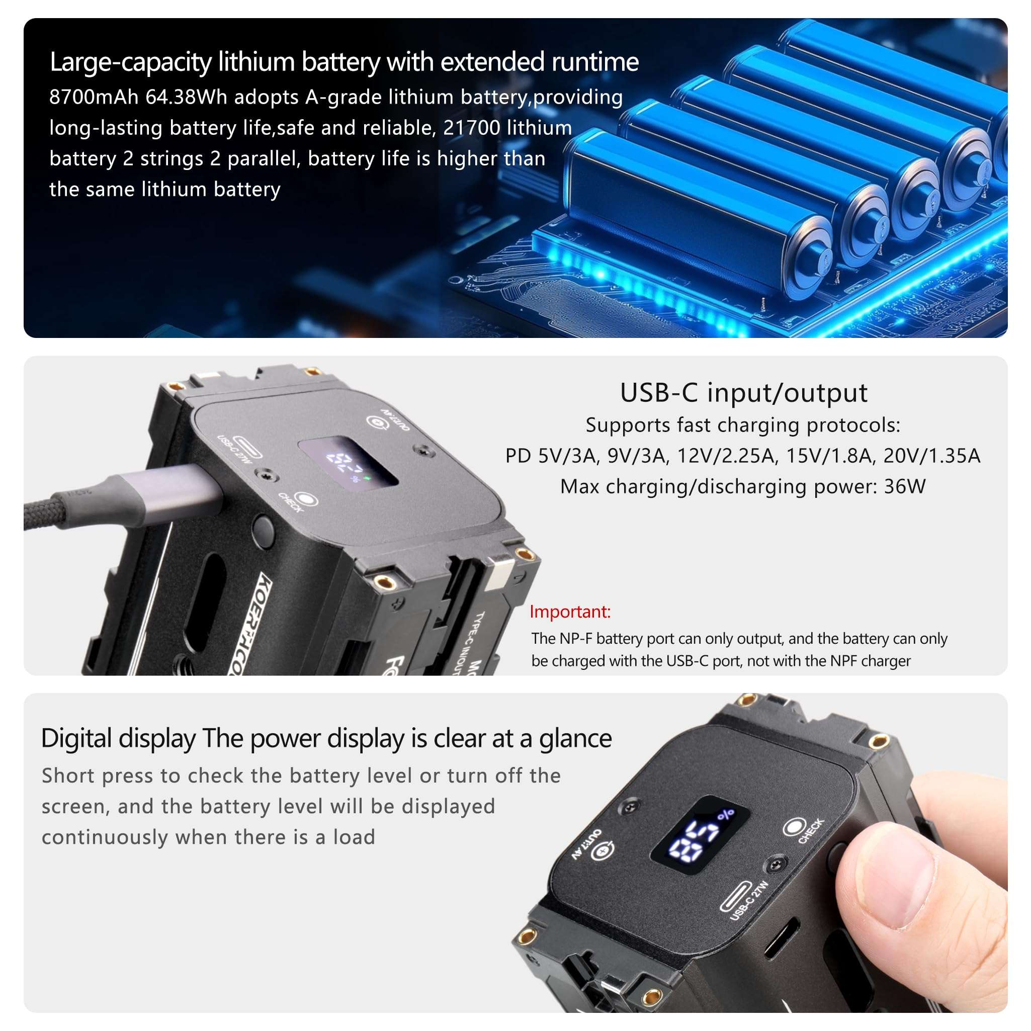 KOERTACOO Dual-Sided NP-F Battery (8700mAh), with DC 7.4V and Type-C Ports, LED Display, Replacement for Sony NP-F550/770/970 Battery, Suitable for LED Lights, Monitors, and Video Transmission. 4