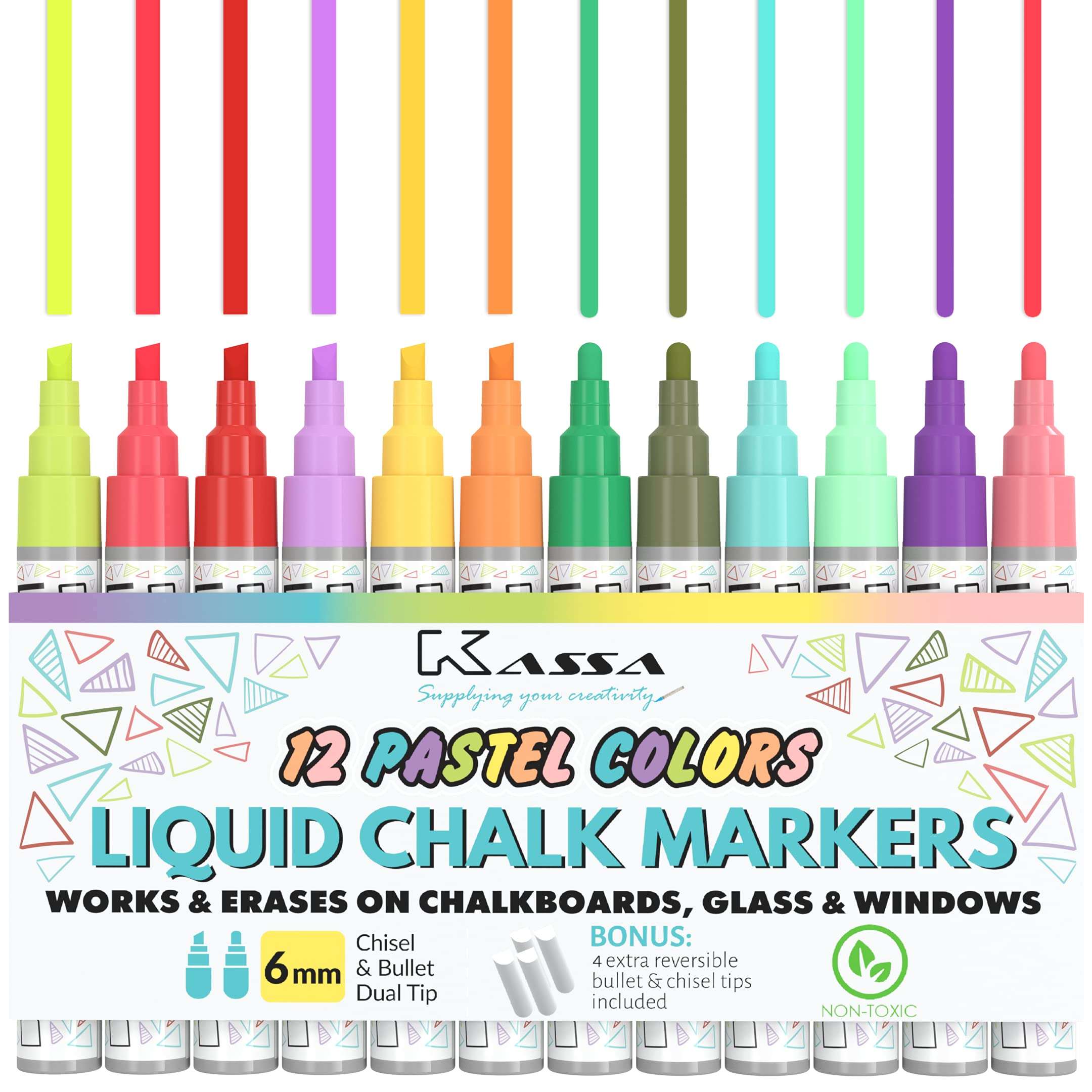 Kassa Liquid Chalk Markers for Blackboards (12 Pastel Colors) - Erasable Chalkboard Pens work on Glass, Window, Black Board, Mirror - Include Reversible Chisel & Bullet Tip - Dustless & Non-Toxic Ink 1