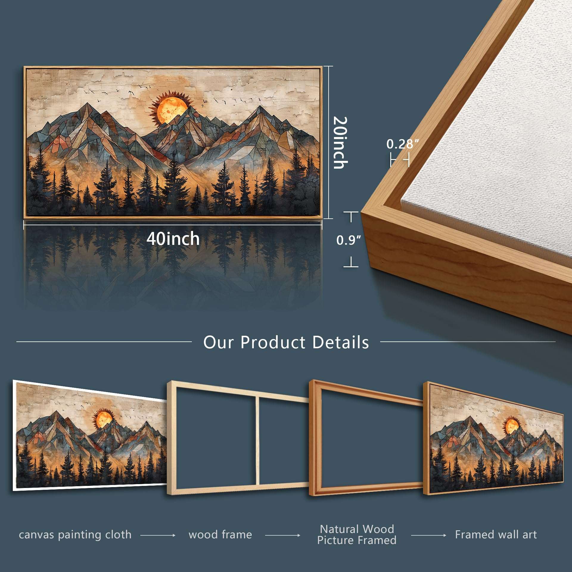 ZUITINGHUA Wood Framed Wall Art for Living Room Canvas Wall Decor for Bedroom Office Decorations Abstract Boho Wall Paintings Mountain Landscape Wall Pictures Modern Home Decor Artwork 20x40 in 3