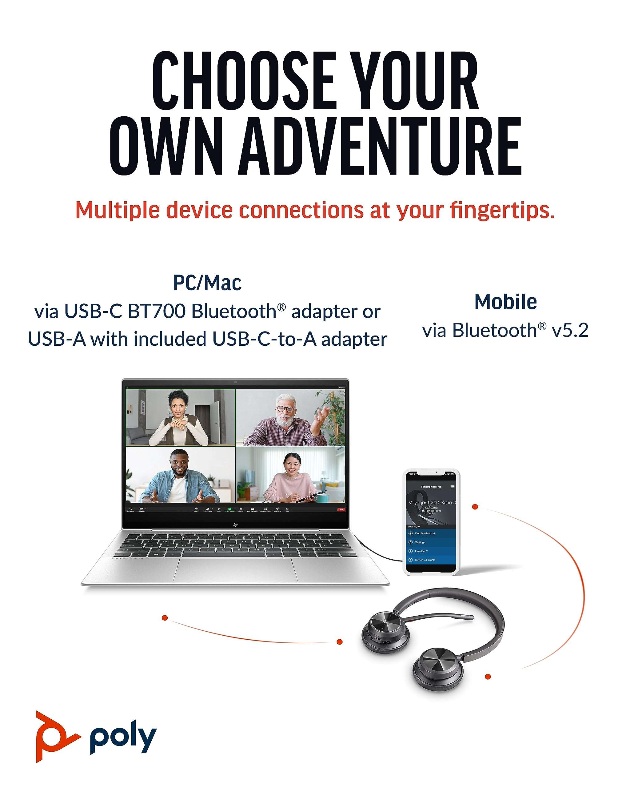 Poly (Plantronics) Voyager 4320 Wireless Headset, Over-Ear w/Noise-canceling mic, 162g, Connect to Mobile/Tablet via Bluetooth and PC via USB-A/C, Works with Teams, Zoom, and More, Black, 8G107AA 5