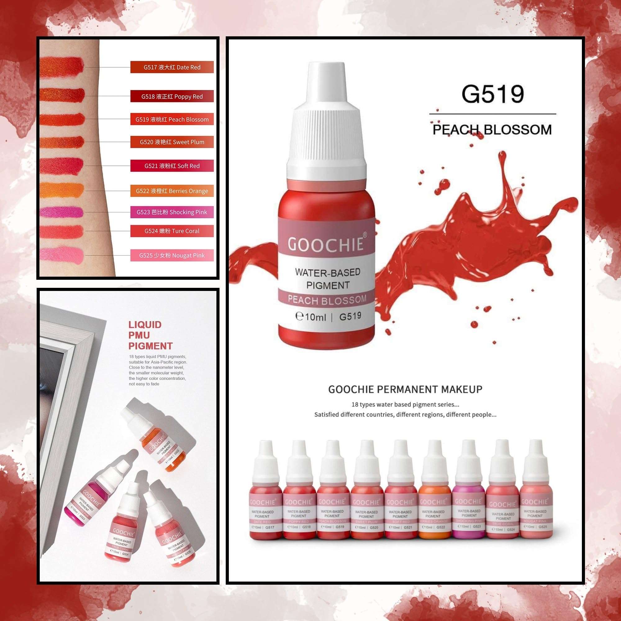 GOOCHIE Peach Blossom Semi-Organic Liquid Water-Based Micro Pigment EU Standard Machine Permanent Makeup Pigment 10ml - G519 4