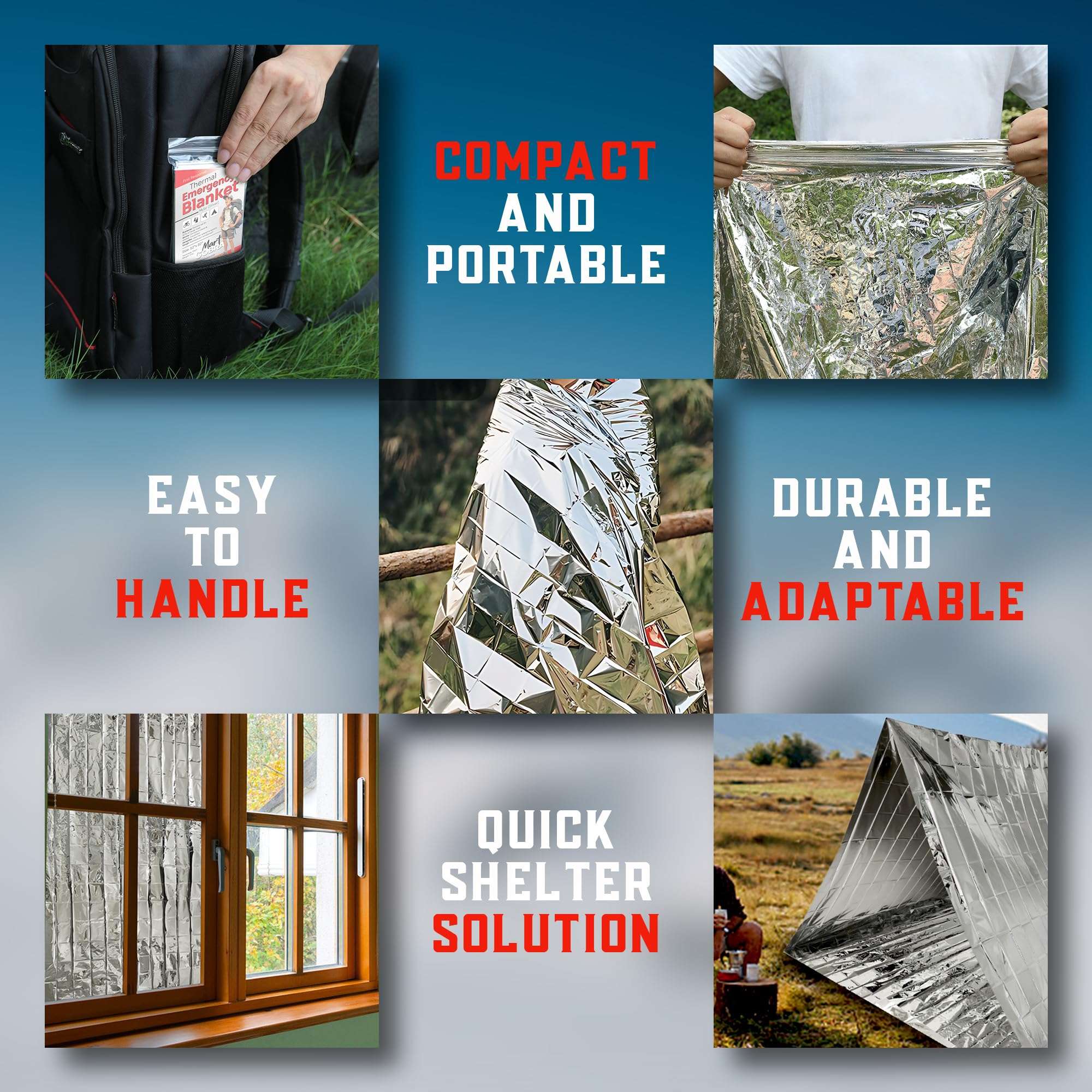 Mart Cobra Emergency Blanket 4-Pack Space Mylar Blankets Survival Gear and Supplies Reusable Thermal Camping Essentials First Aid Car Emergency Kit Prepper Bug Out Bag Foil Warm Cat Cold Snow Winter 6