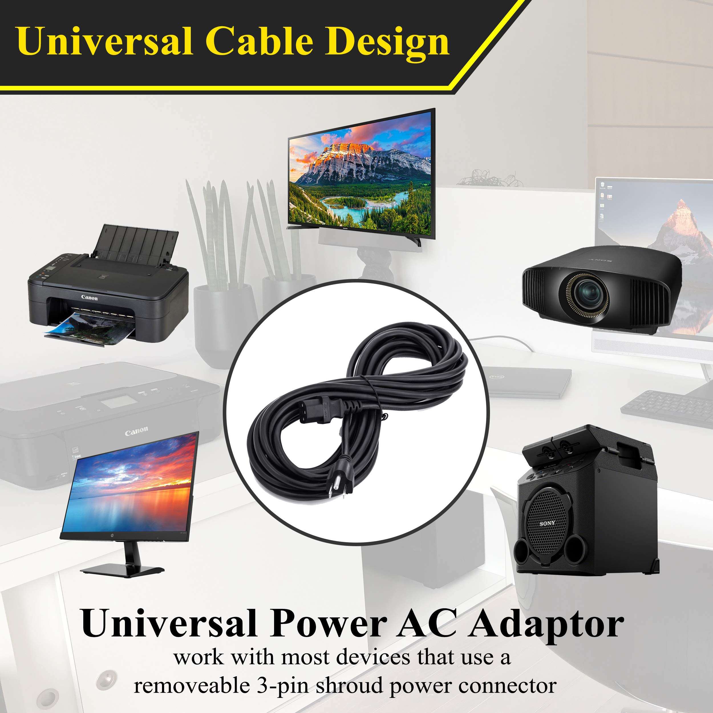 ClearMax 25 Feet Universal Power Cord Replacement, 18AWG AC Power Cable, 3 Prong Extension Cord for PC or Monitor, UL Approved, Black 5