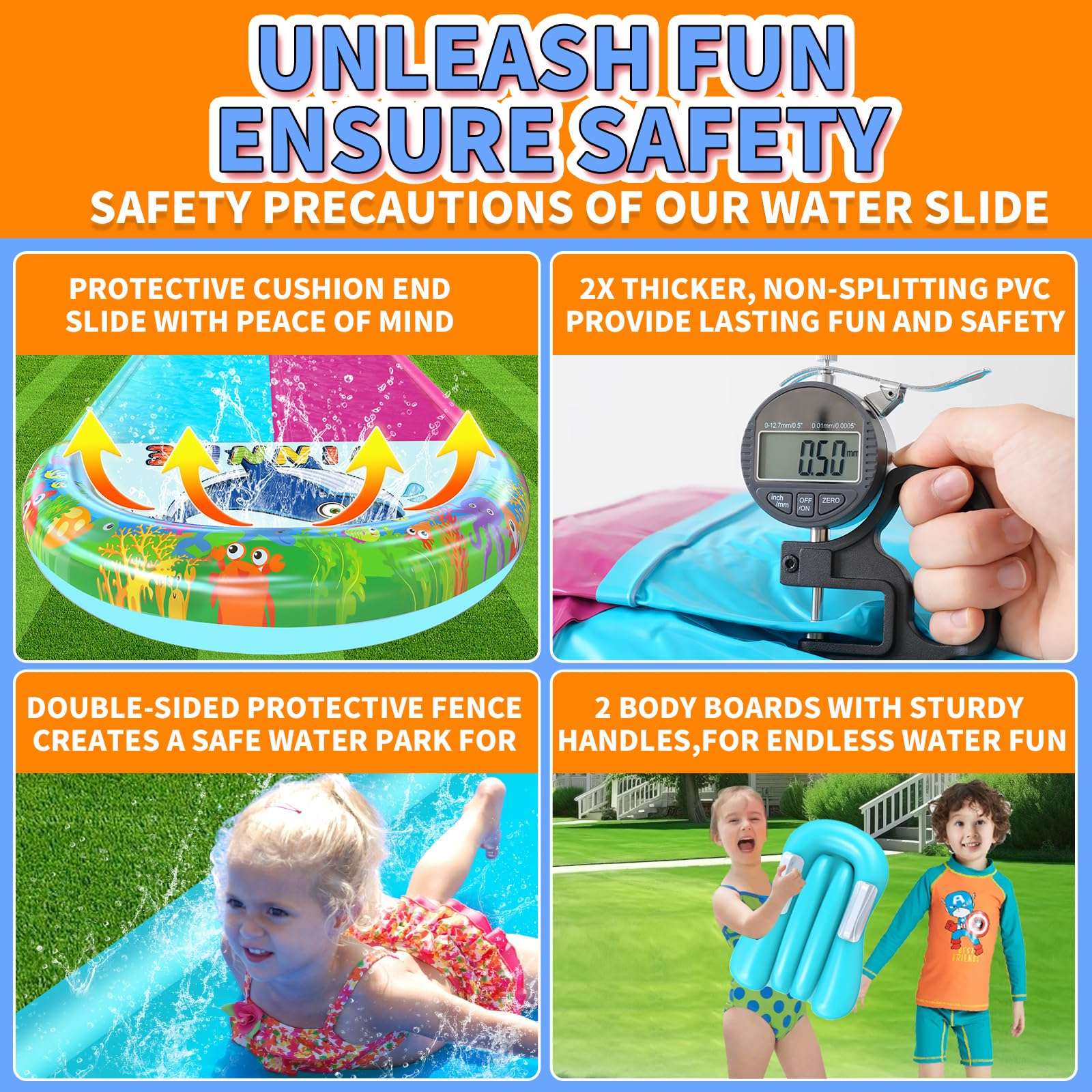 33FT Slip Lawn Water Slide for Kids Adults, Extra-Long Double Lanes Heavy Duty Slides N Side Fences, Giant Water Slide with Splash Pool, 2 Bodyboards with Handles, Slip Backyard Summer Water Play Toy 4
