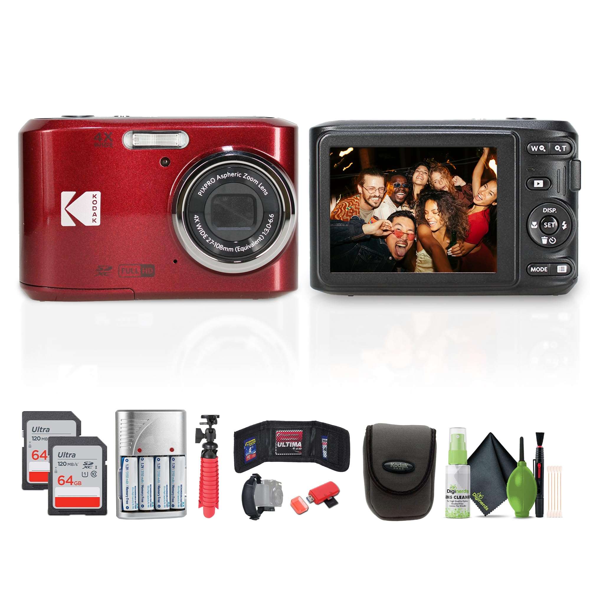 Kodak Pixpro FZ45 Digital Camera (Red) Bundle Including: 2X 64 GB Memory Card, Rechargeable Batteries, Camera Case, Flexible Tripod, Card Reader, Card Wallet, Hand Strap, Full Cleaning Kit 2