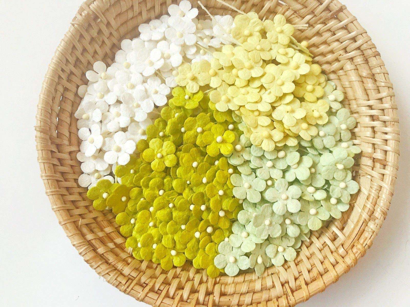 TH 50 Tiny Mixed Green1 Flowers Embellishment with Thread stem 10 mm Mulberry Paper Flowers Tiny Size Craft Supplies Scrap Booking Embellishments for so Many Card Craft Projects