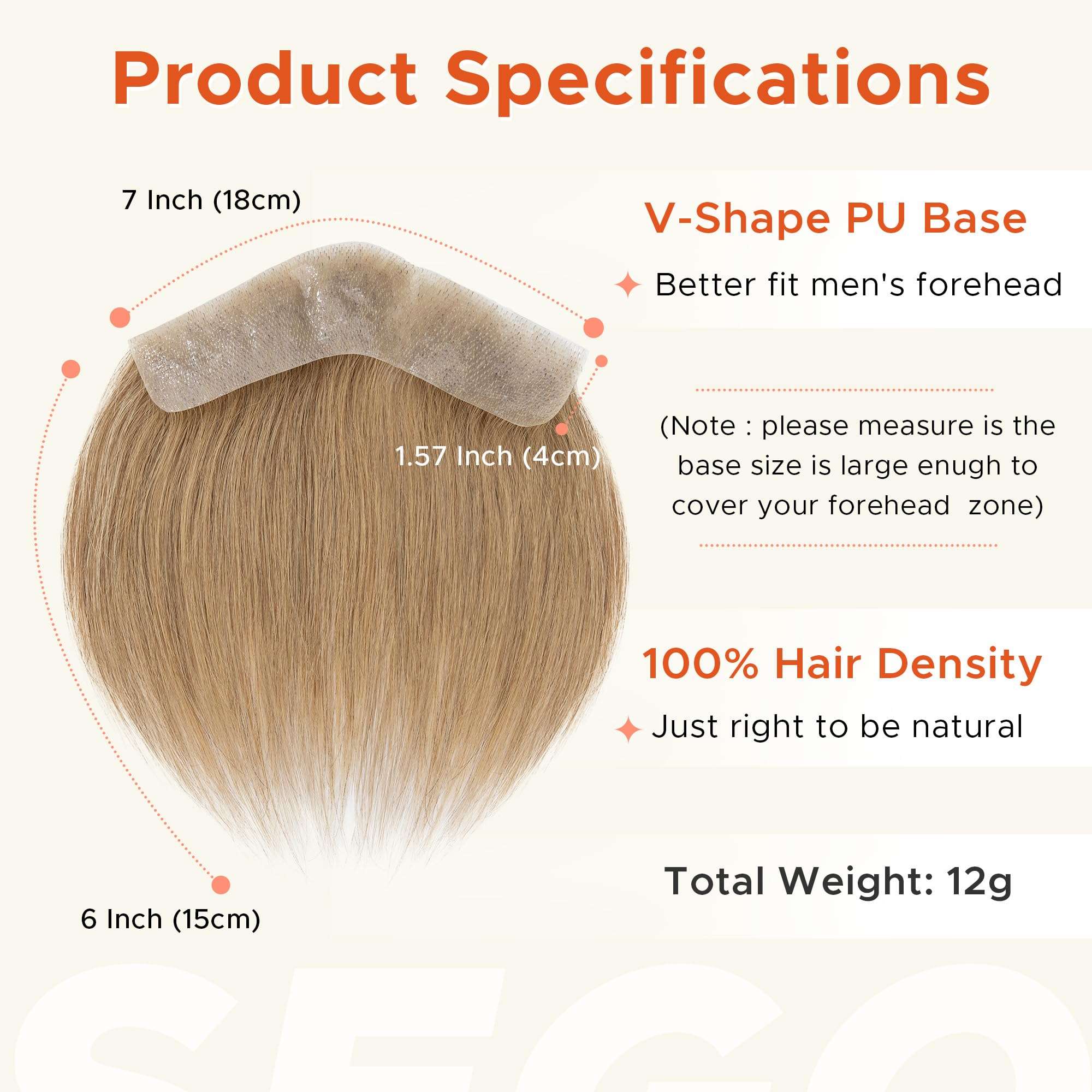 SEGO Men's Hairline Toupee 100% Human Hair Forehead Hairpiece V-Shape 1.57"x7" PU Thin Skin Base Natural Hairline Replacement（Hair:6" Long-#27 Dark Blonde 5