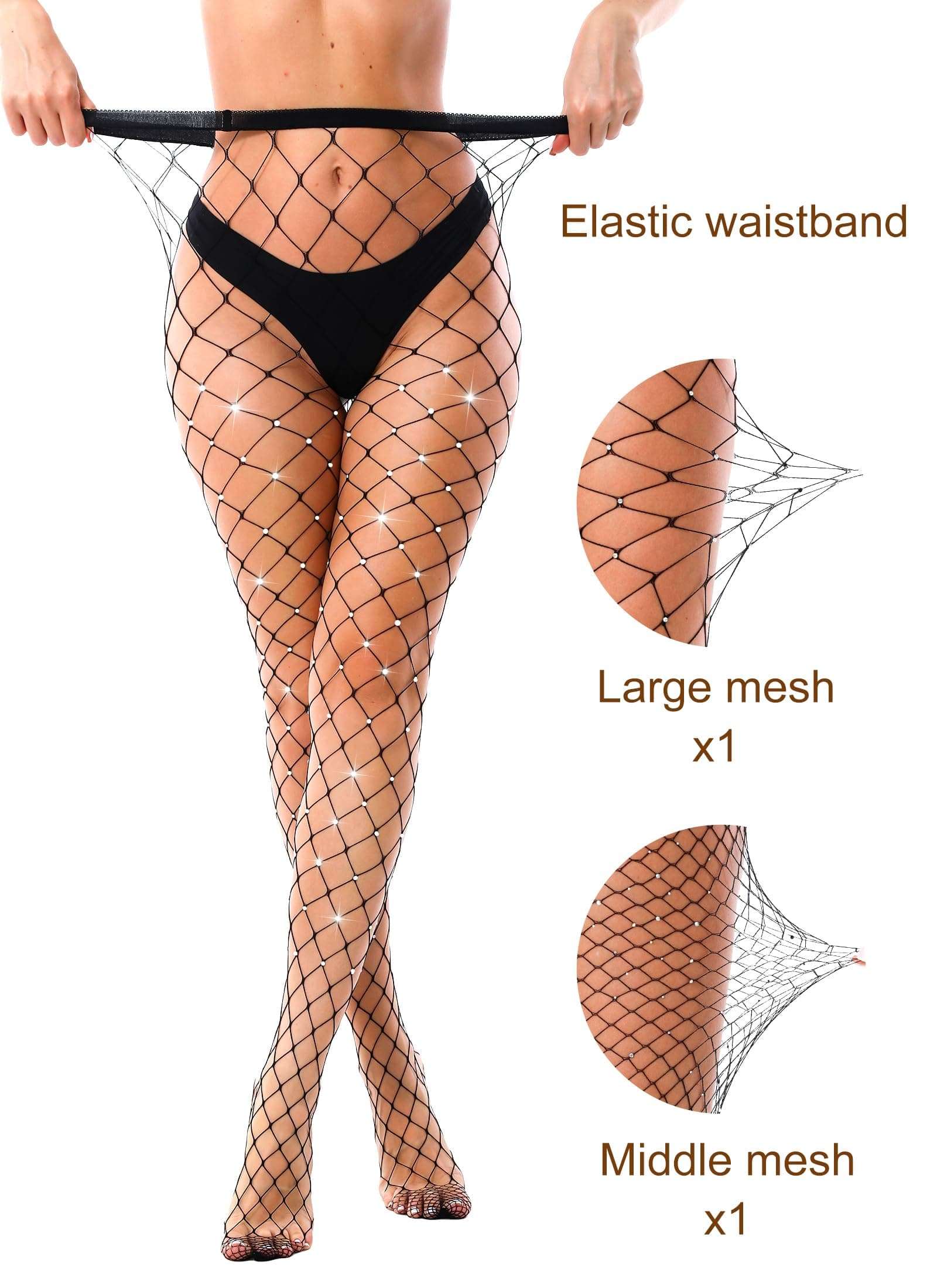 VEBZIN 2 Pack Sparkly Large And Medium Mesh Black Fishnet Tights Glitter Rhinestone Fishnets Leggings Stockings for Women 4