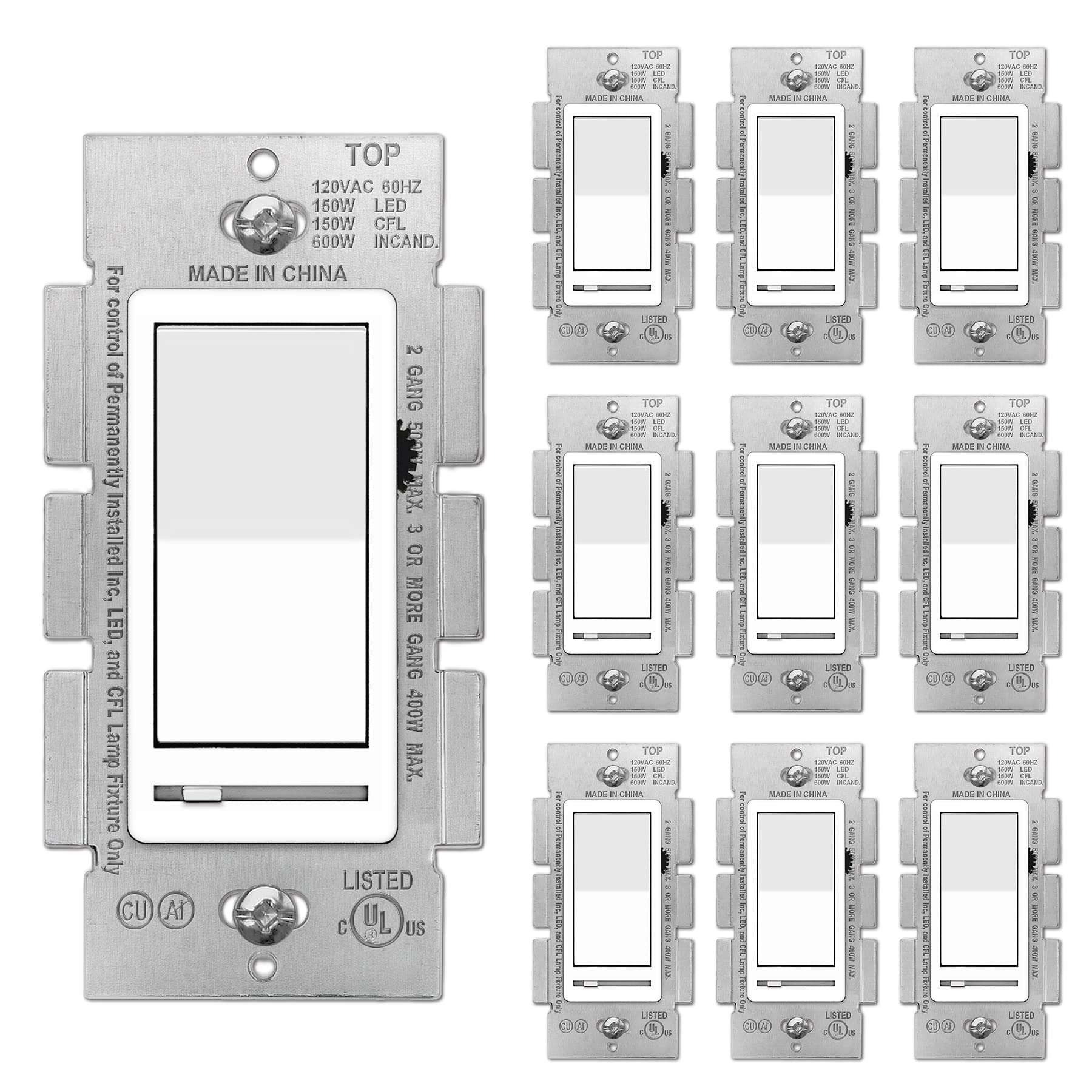 BESTTEN 10 Pack Dimmer Light Switch, Single Pole or 3-Way, LED Dimmer Switches with 5 Pack Wall Plate 3