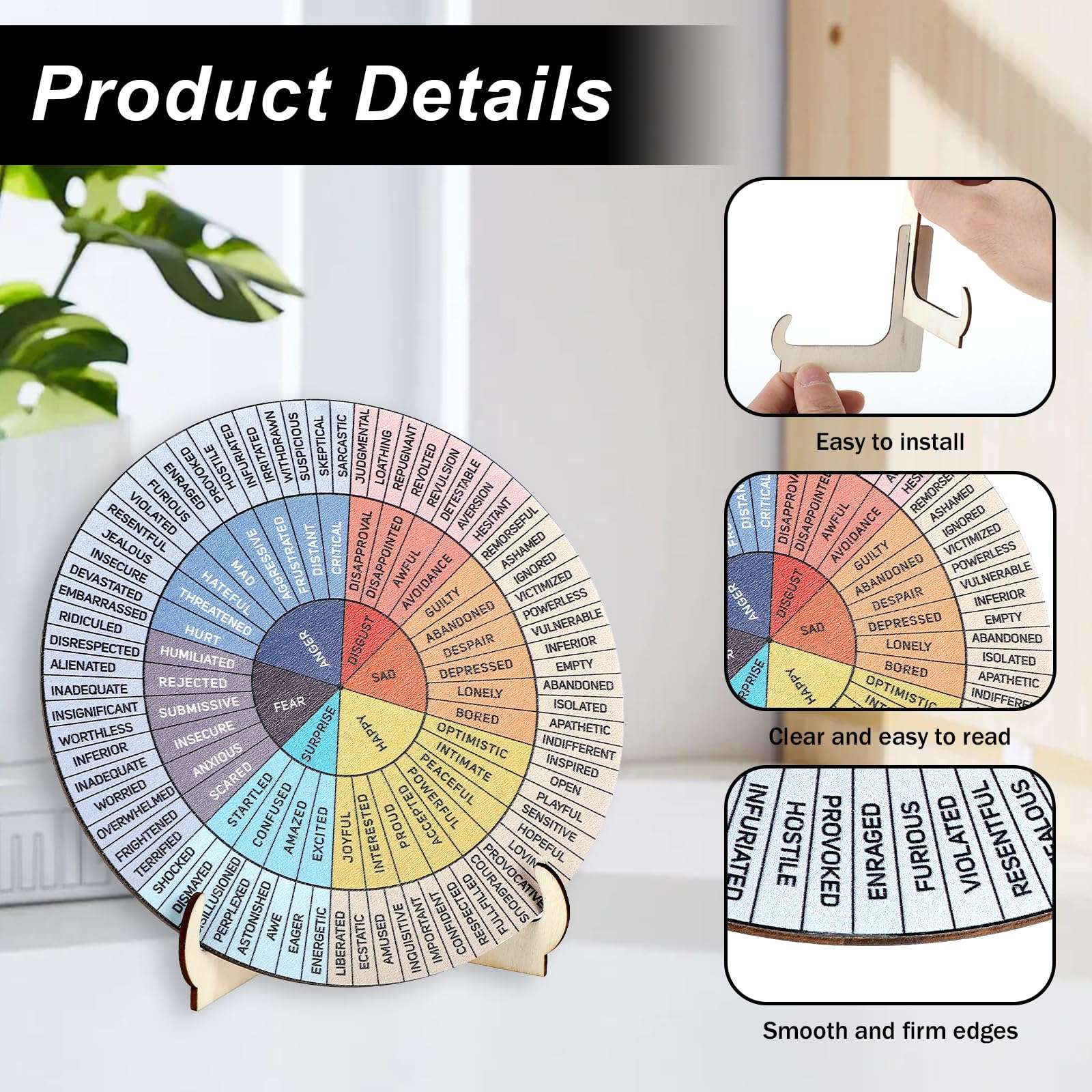Qianyu Feelings Wheel Therapy Office Desk Decor Double Sided Mental Health Office Decor with Stand Round Therapy Emotions Chart Wheel for Home School Counselor Counseling Therapist Therapy 4