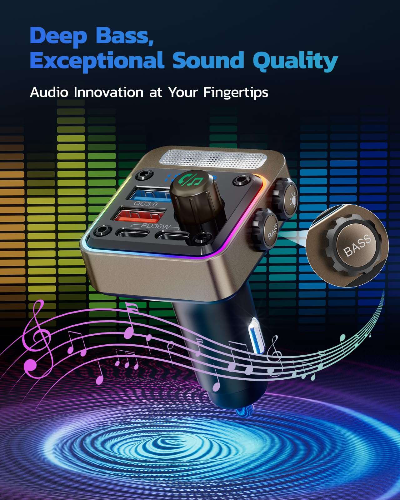 Nulaxy 54W Bluetooth 5.3 Car Adapter with 4 Charging Ports [PD 36W & QC3.0 18W], Wireless Radio FM Transmitter with Deep Bass Player & 5 Colors LED Backlit, Hands-Free Calling - Gold 4