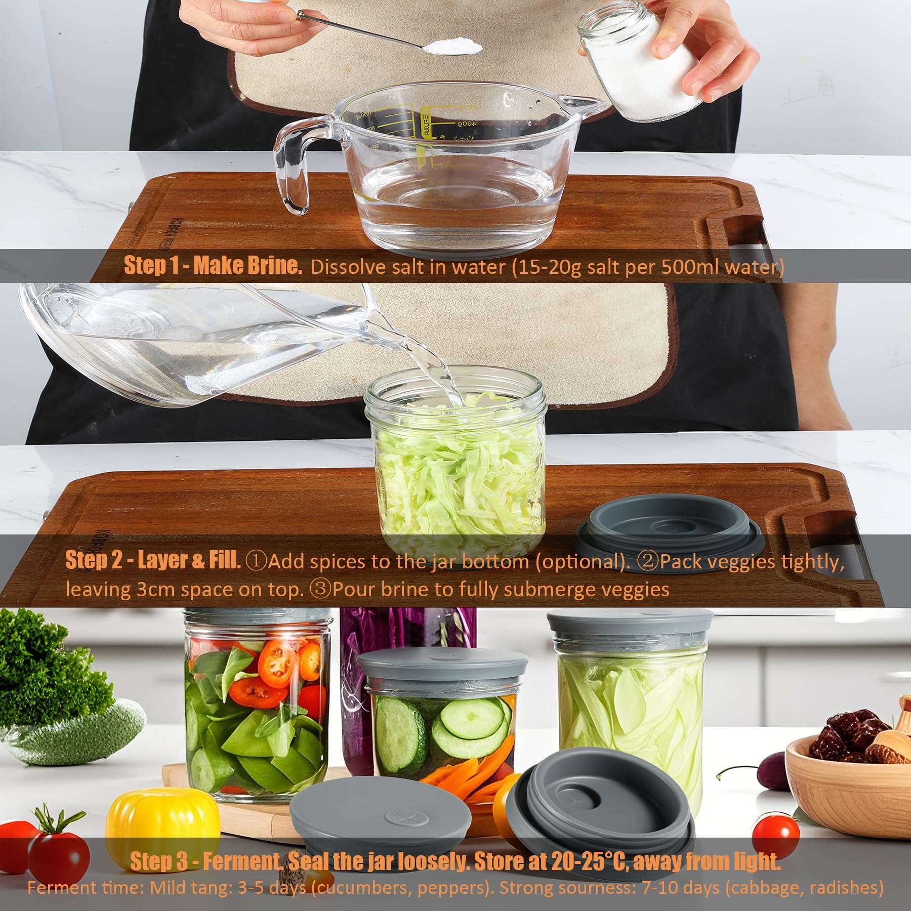 Silicone Fermentation Lids for Wide Mouth Mason Jars, 2-Pack Waterless Silicone Fermentation Air Lock Fermenting Jar Lid for Kimchi, Sauerkraut & Fermented Pickles, Dishwasher Safe & Easy Cleaning 6