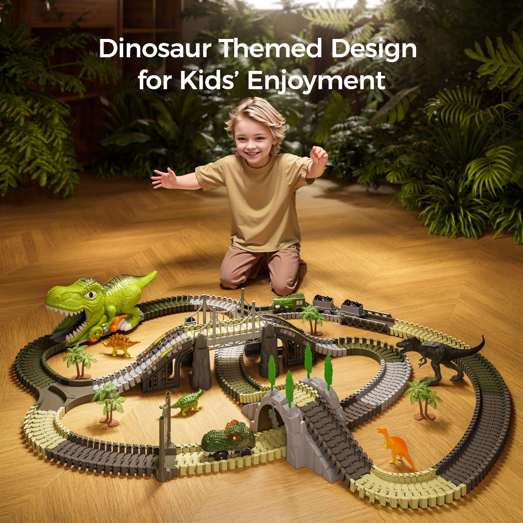 Dinosaur Toy Race Track, 281 Pieces Dinosaur Train Toy for Children 3 4 5 6, Flexible Railway Tracks with 4 Dinosaurs, 2 Electric Racing Cars with Lights - Toddlers Dinosaur World 3