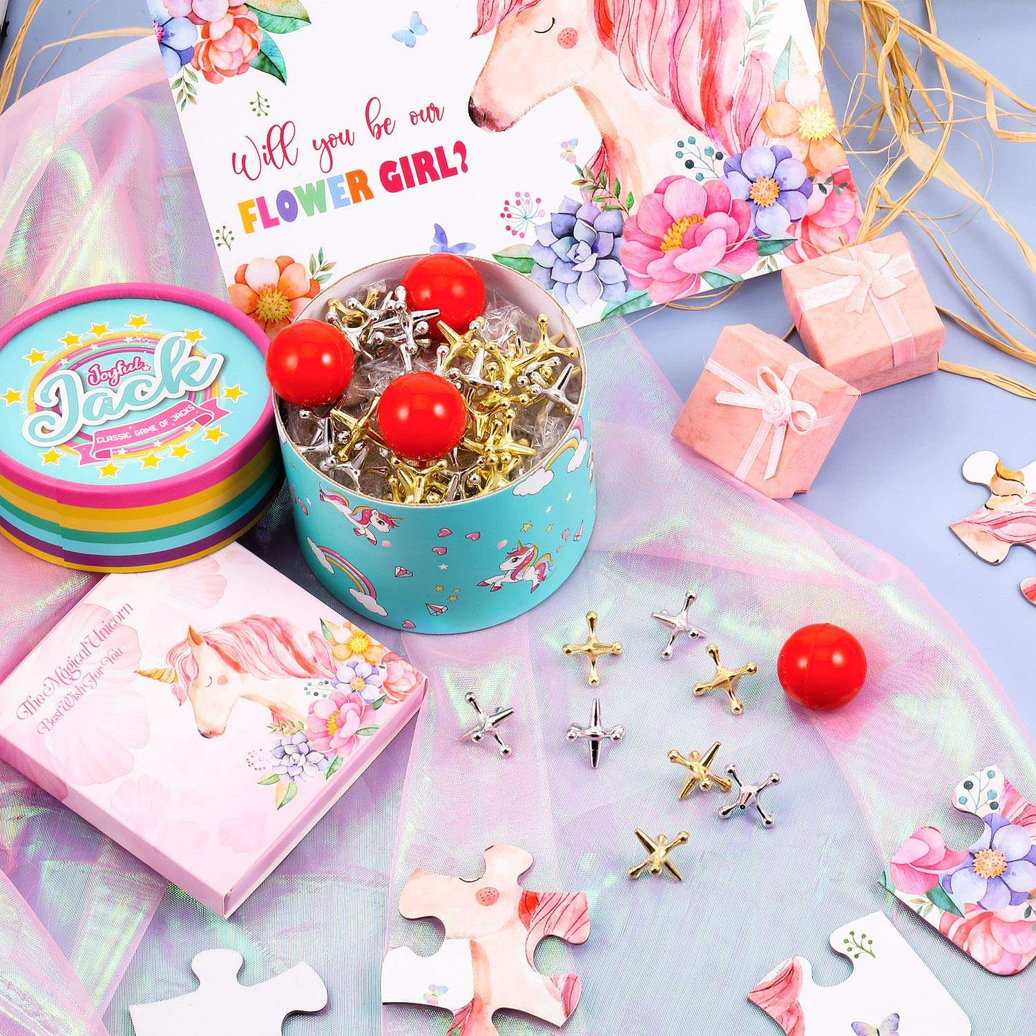 4 Set Joyful Jacks Game Set Include 4 Pieces Bouncy Rubber Balls 40 Pieces Classic Jack Stones Gold and Silver Metal Jacks and Instructions for Boys Girls and Adults 3