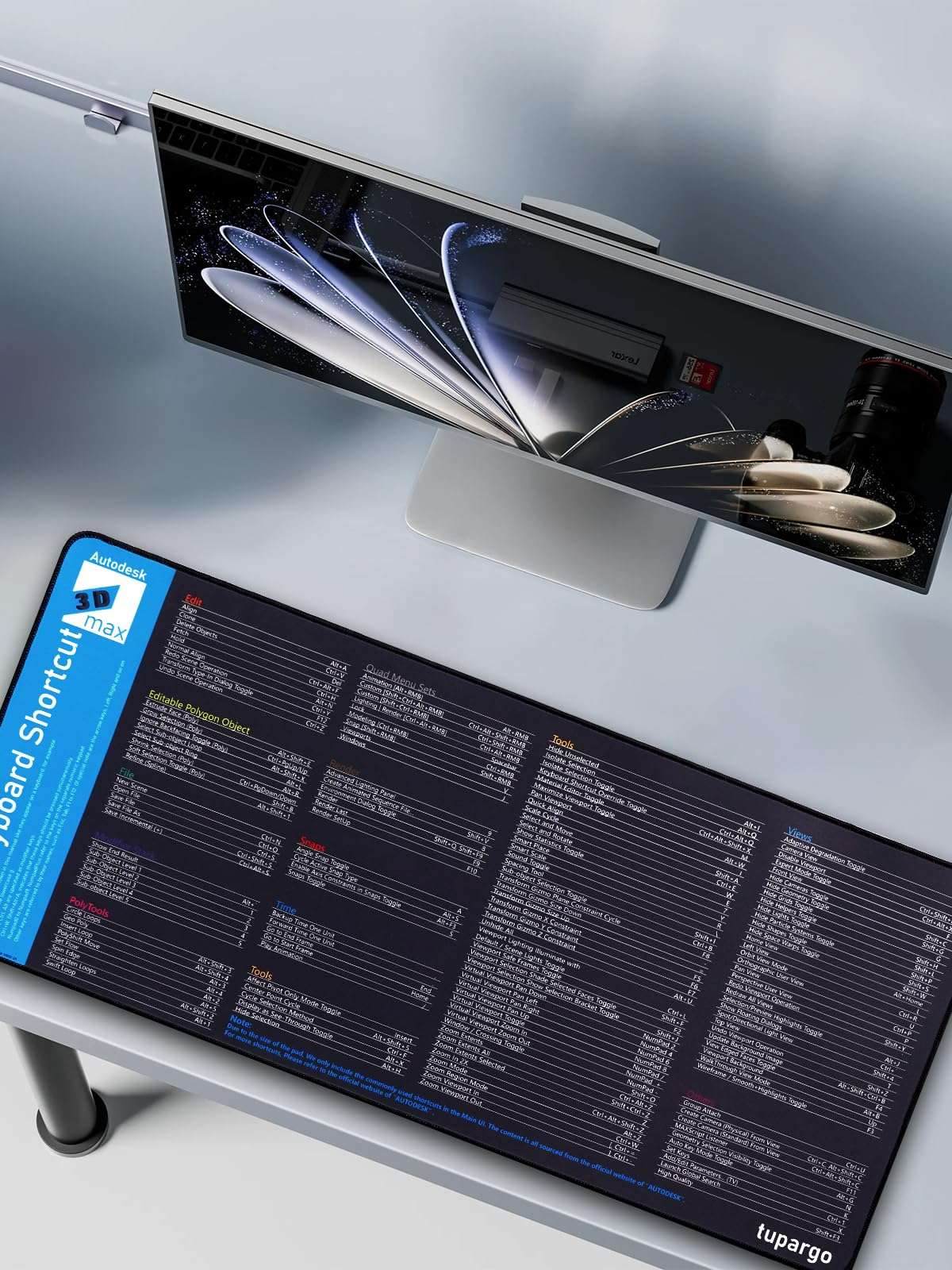 Shortcut Keys Mouse Pad for 3D max,3D max Hotkeys Office Desk Mat,Work Desk Large XXL Keyboard Mousepad, Waterproof Non-Slip and Stitched Edge(31.5×13.8 inch) 2