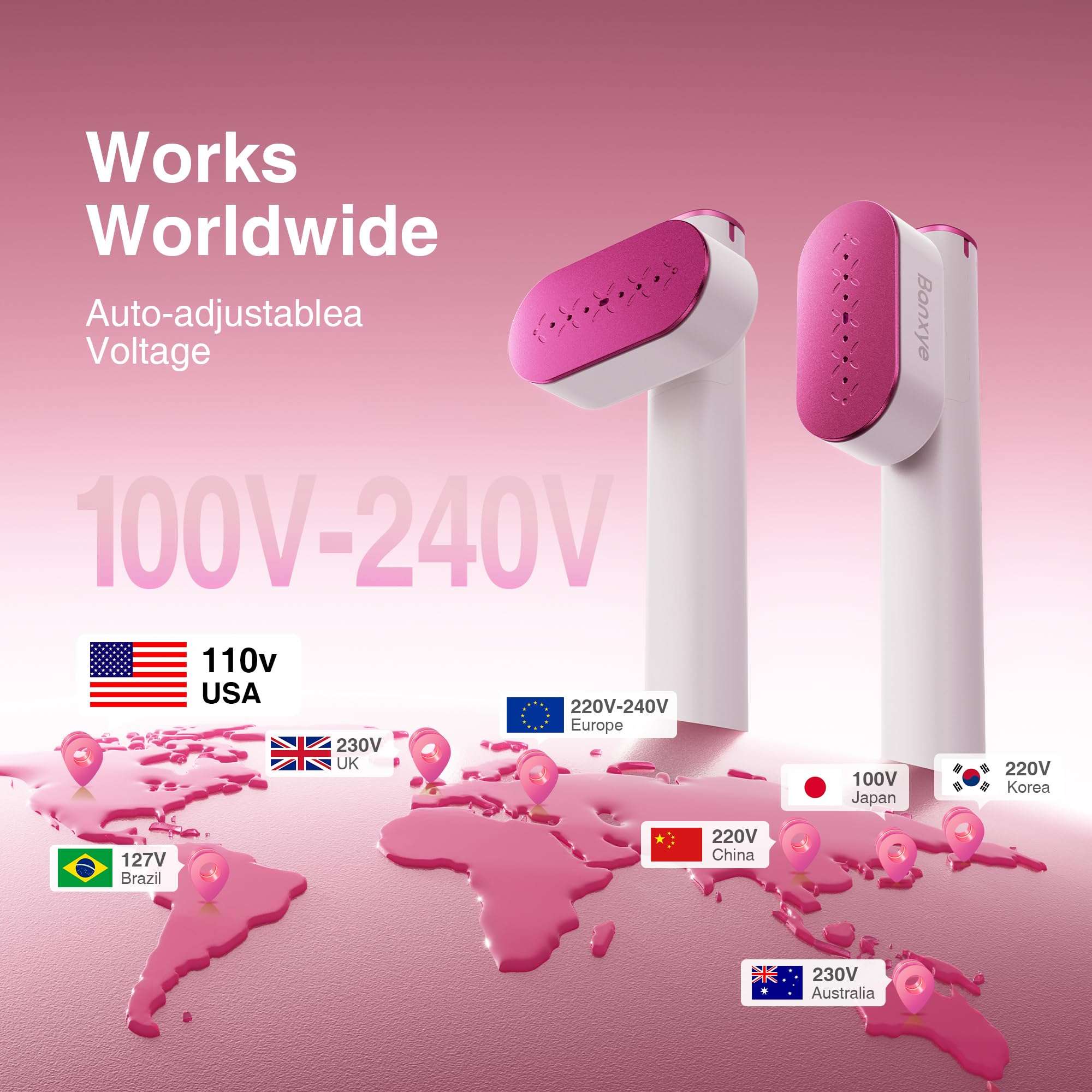 Banxye Portable Clothes Steamer, 100-240V Dual Voltage Garment Steamer, 1000W Travel Steamer, 30s Fast Heat Up, 10 Minutes Continuous Steam, Ceramic Panel Steamer Iron for Travel & Home Use (Rose Red) 3