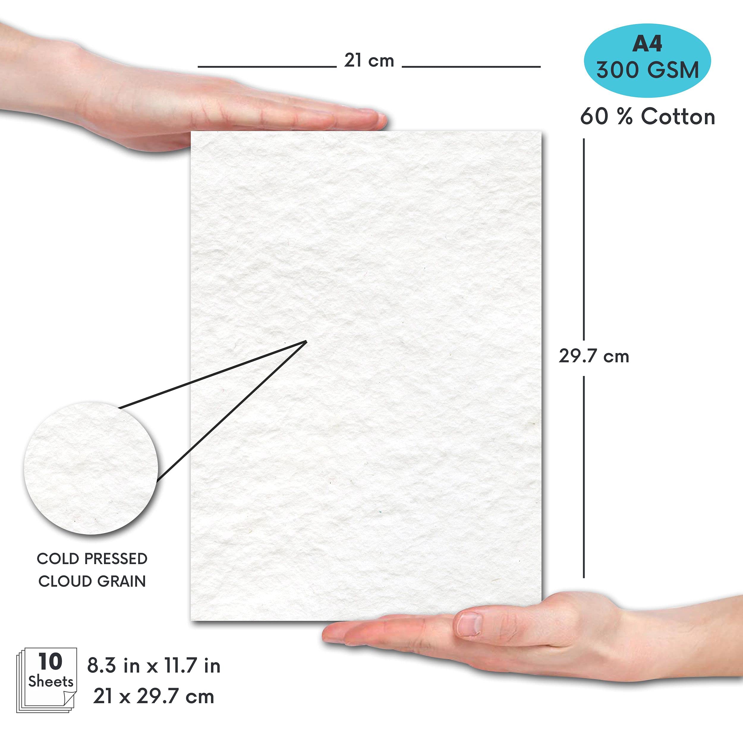 Zen Sangam Express your Mind 300 GSM 60% Cotton Cold Pressed Cloud Rough Grain Surface A4 Watercolor Papers For Wet on Wet Watercolour, Gouache, Acrylics, Ink and Mixed Media (10 Sheets, 29.7x21cm) 2